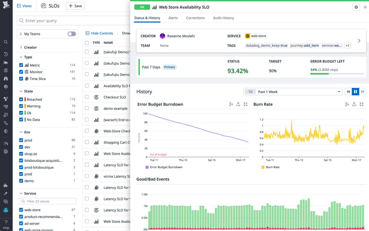 In the SLO detail panel, you can see how your SLO is performing, as well as how much error budget you have left. In the SLO detail panel, you can see how your SLO is performing, as well as how much error budget you have left.