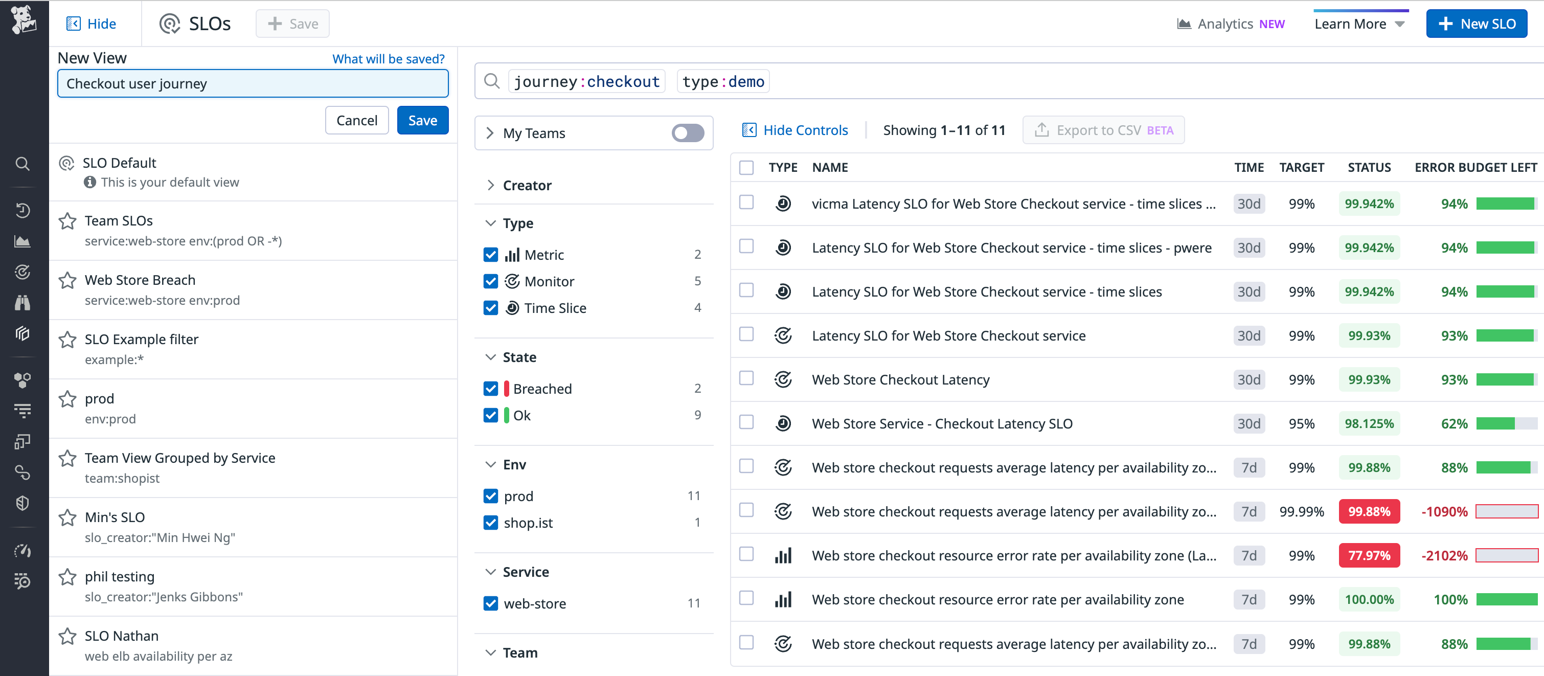 We have created a Saved View for SLOs related to the checkout user journey.