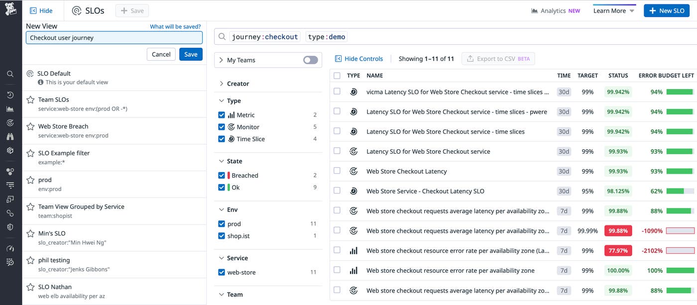 We have created a Saved View for SLOs related to the checkout user journey. We have created a Saved View for SLOs related to the checkout user journey.