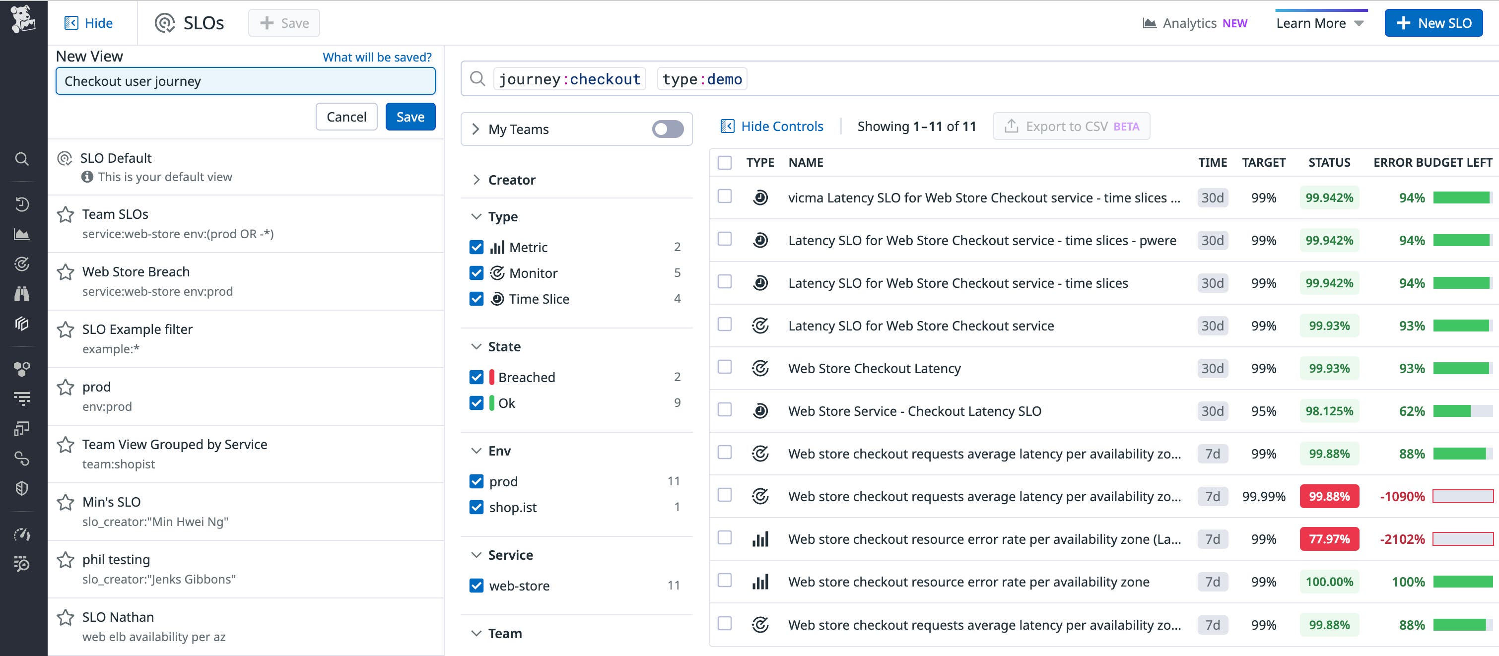 We have created a Saved View for SLOs related to the checkout user journey. We have created a Saved View for SLOs related to the checkout user journey.