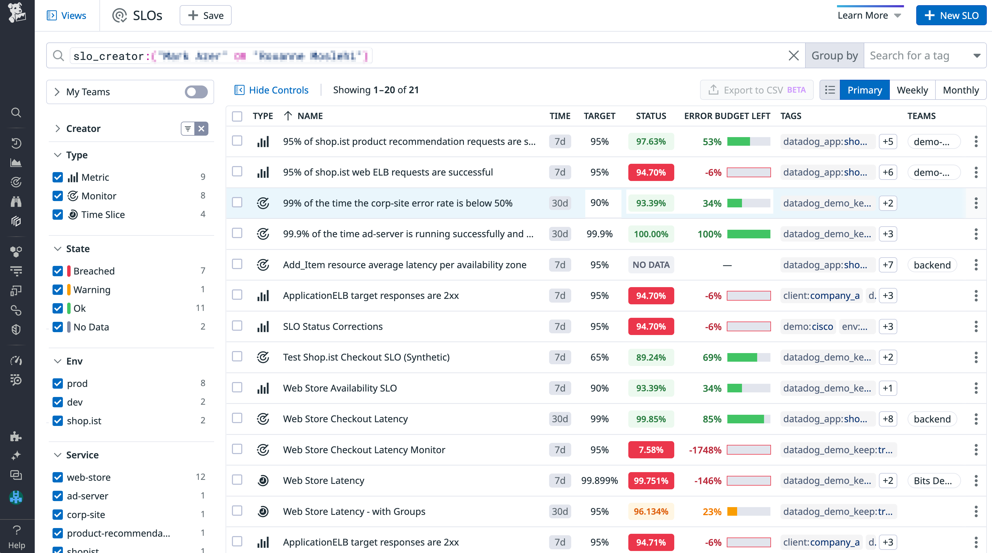 The SLO list view shows you all your SLOs, including their status, remaining error budget, target, and tags.