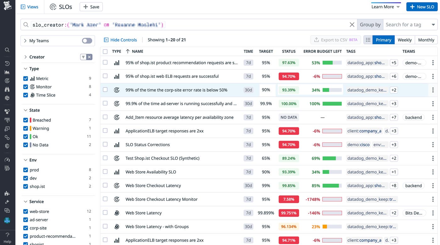 The SLO list view shows you all your SLOs, including their status, remaining error budget, target, and tags. The SLO list view shows you all your SLOs, including their status, remaining error budget, target, and tags.