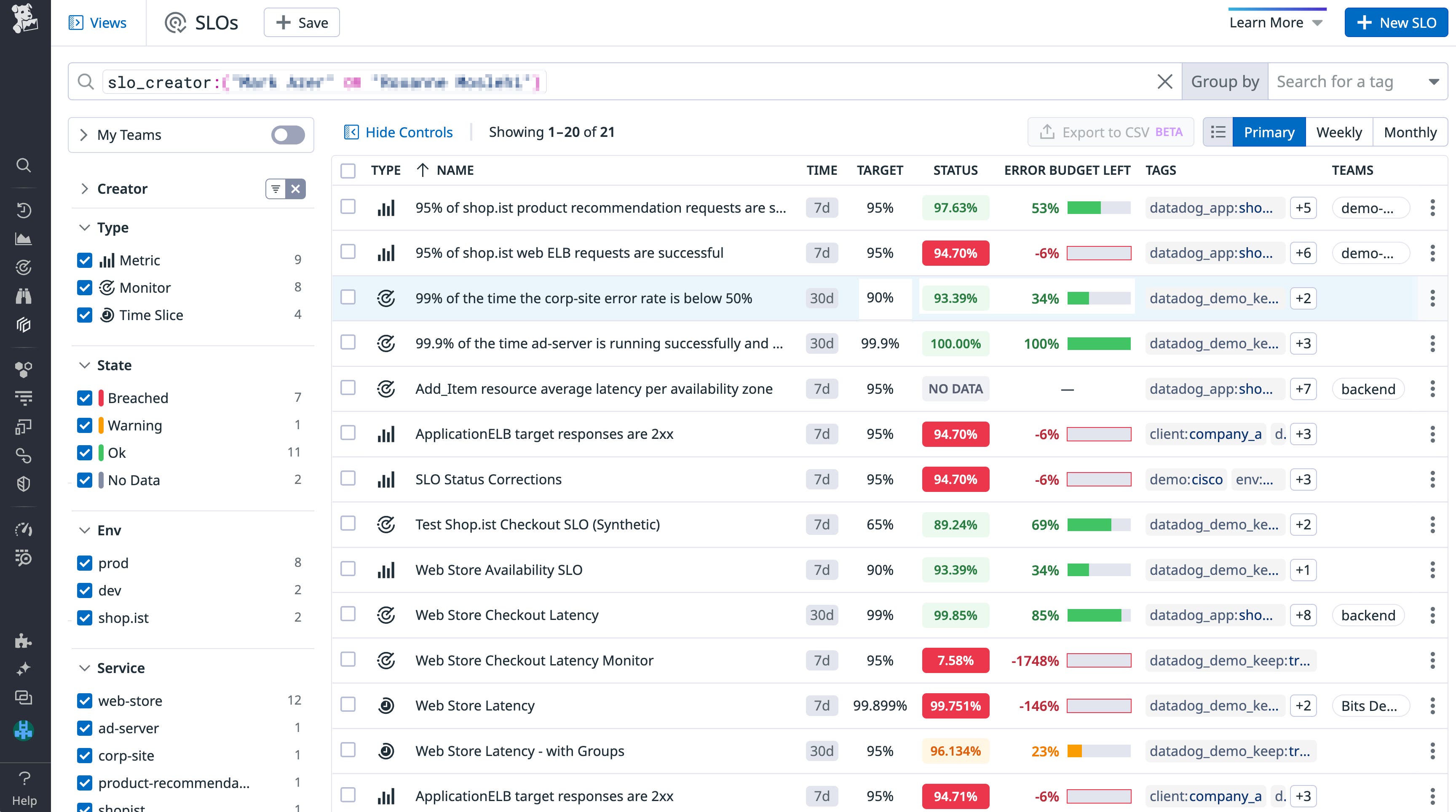 The SLO list view shows you all your SLOs, including their status, remaining error budget, target, and tags. The SLO list view shows you all your SLOs, including their status, remaining error budget, target, and tags.