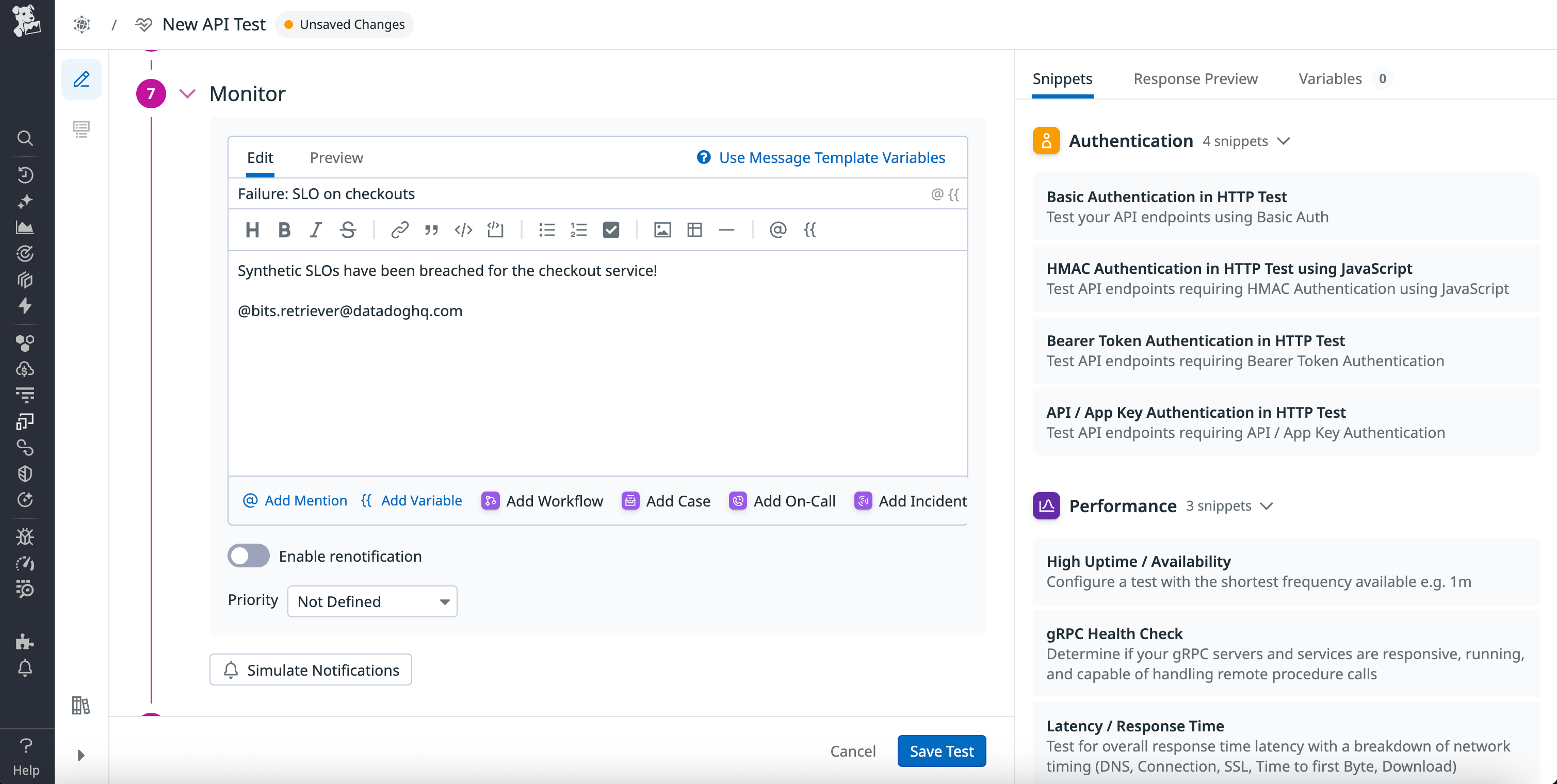 Notification settings for an API test monitor.