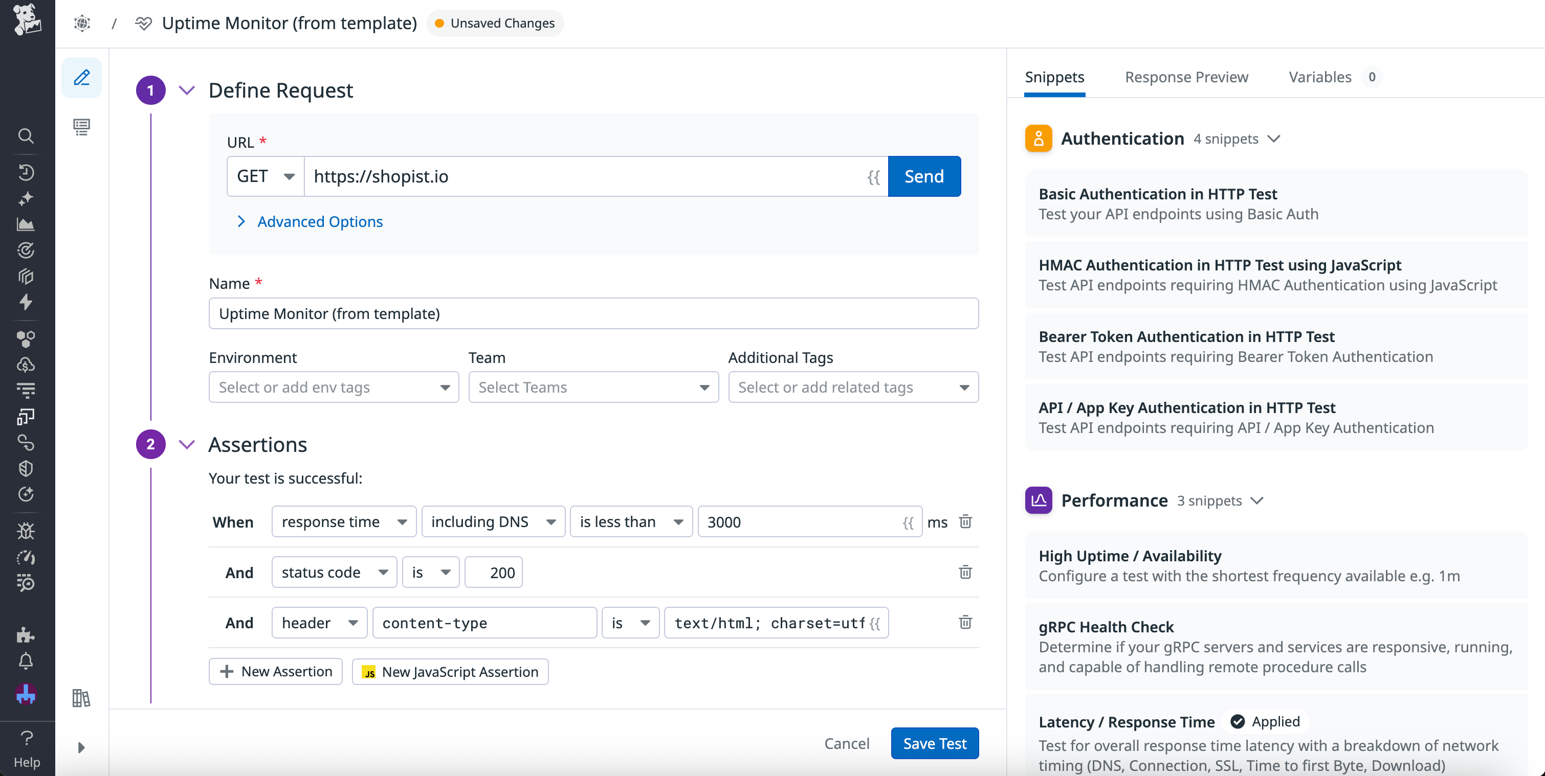 A test being created from the Uptime Monitor template.