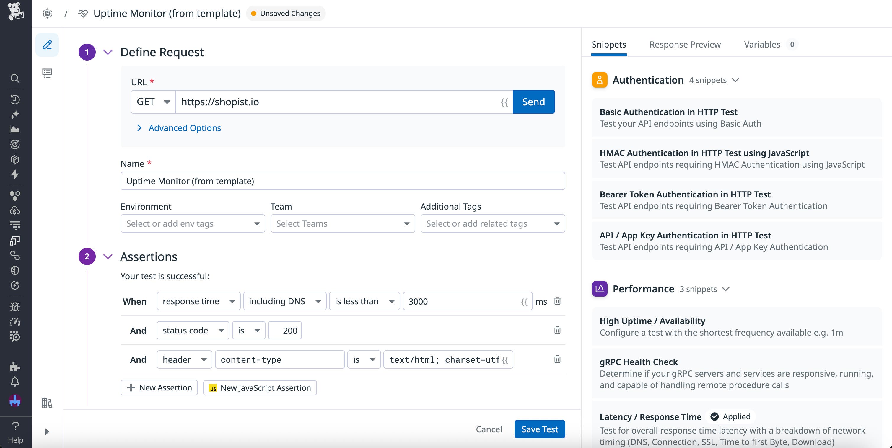 A test being created from the Uptime Monitor template. A test being created from the Uptime Monitor template.