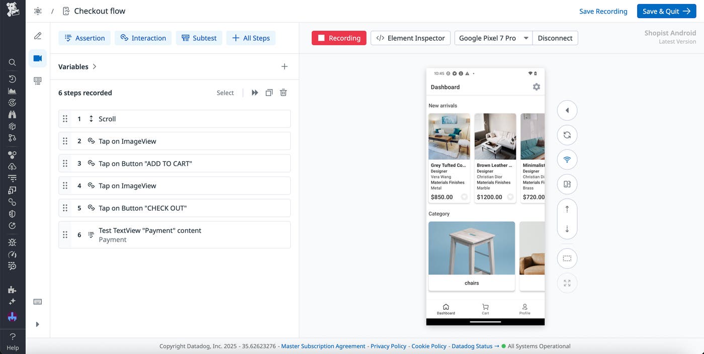The recording window for a mobile browser test, with a list of recorded steps displayed. The recording window for a mobile browser test, with a list of recorded steps displayed.
