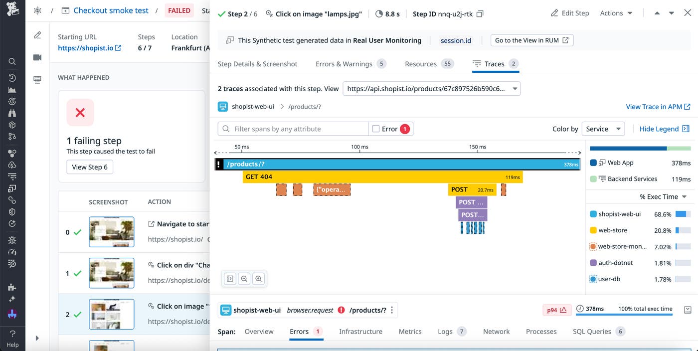 Traces displayed for a step in a failed synthetic test. Traces displayed for a step in a failed synthetic test.