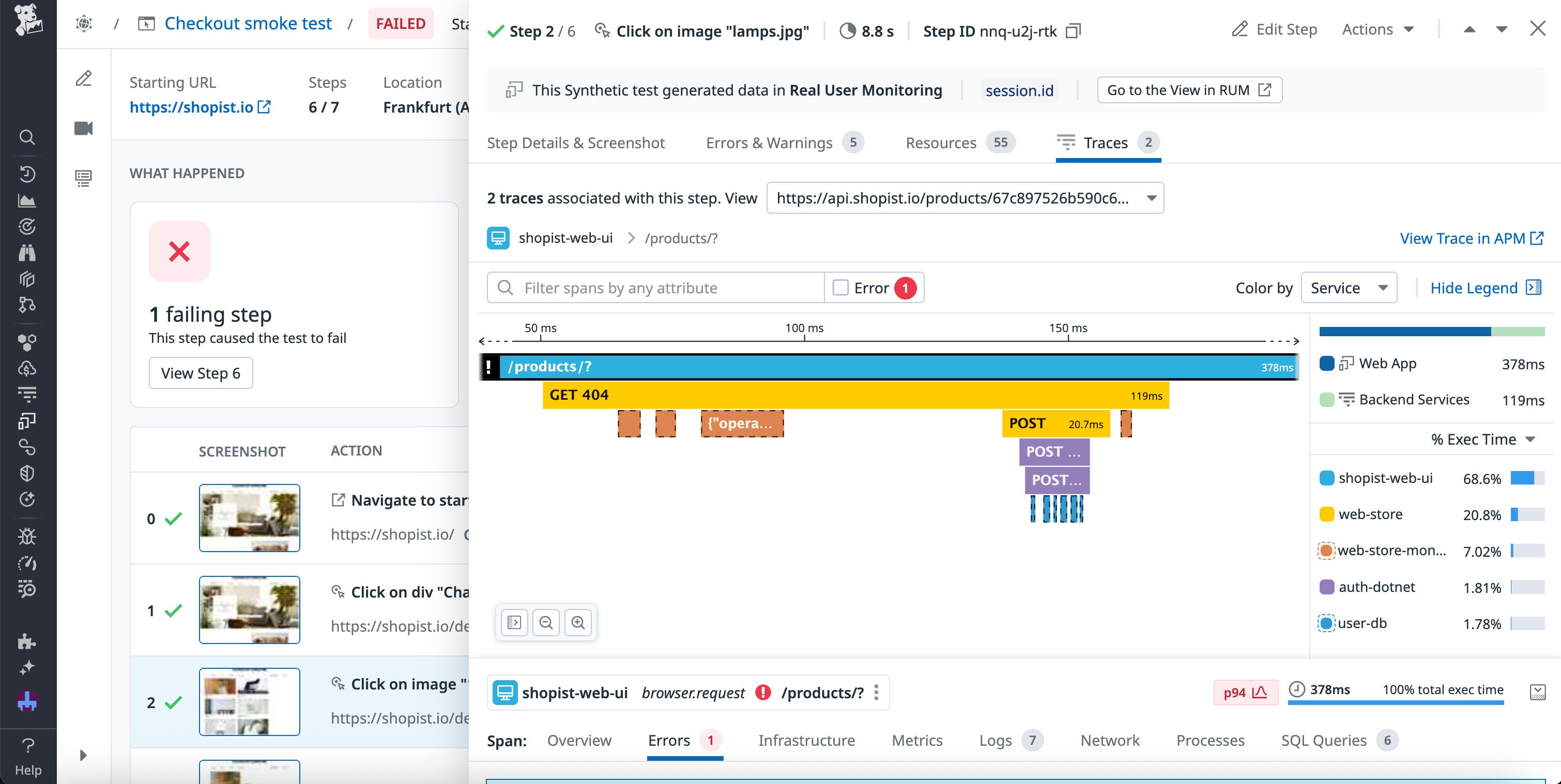 Traces displayed for a step in a failed synthetic test. Traces displayed for a step in a failed synthetic test.