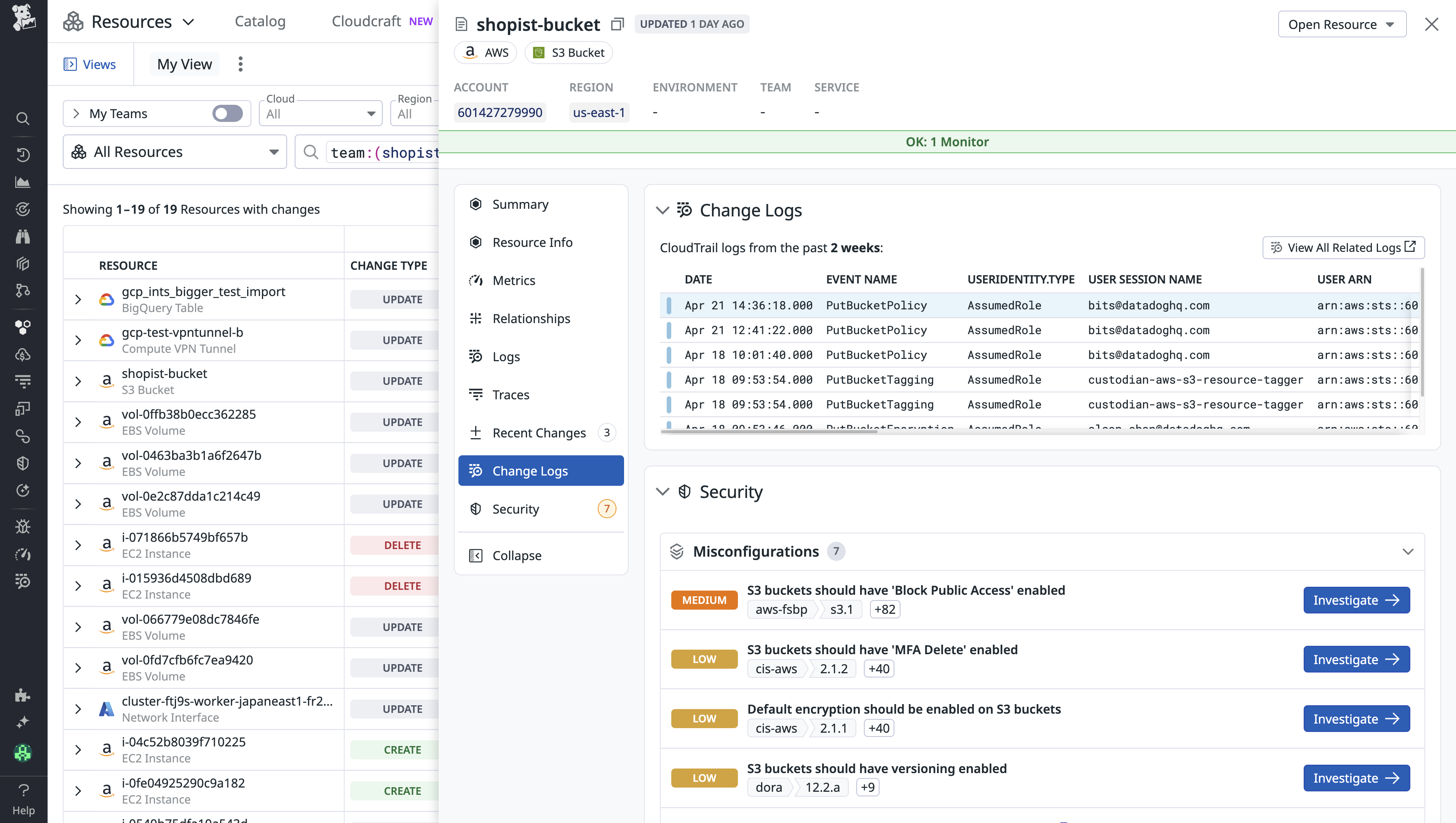 A list of CloudTrail logs for the S3 bucket. The logs show the date of the change, the event name, and the user identity type and email address of the user who made the change.