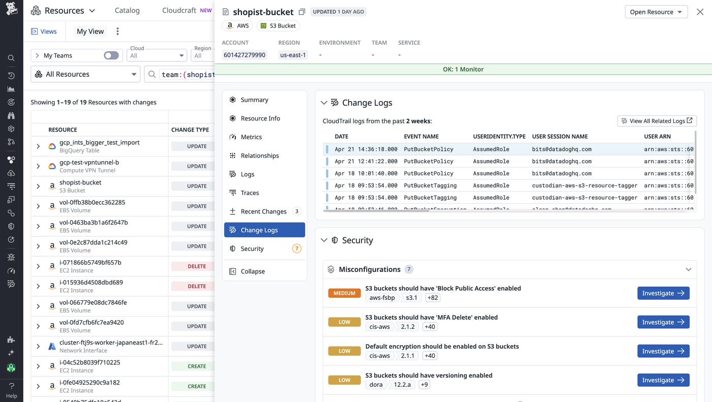 A list of CloudTrail logs for the S3 bucket. The logs show the date of the change, the event name, and the user identity type and email address of the user who made the change. A list of CloudTrail logs for the S3 bucket. The logs show the date of the change, the event name, and the user identity type and email address of the user who made the change.