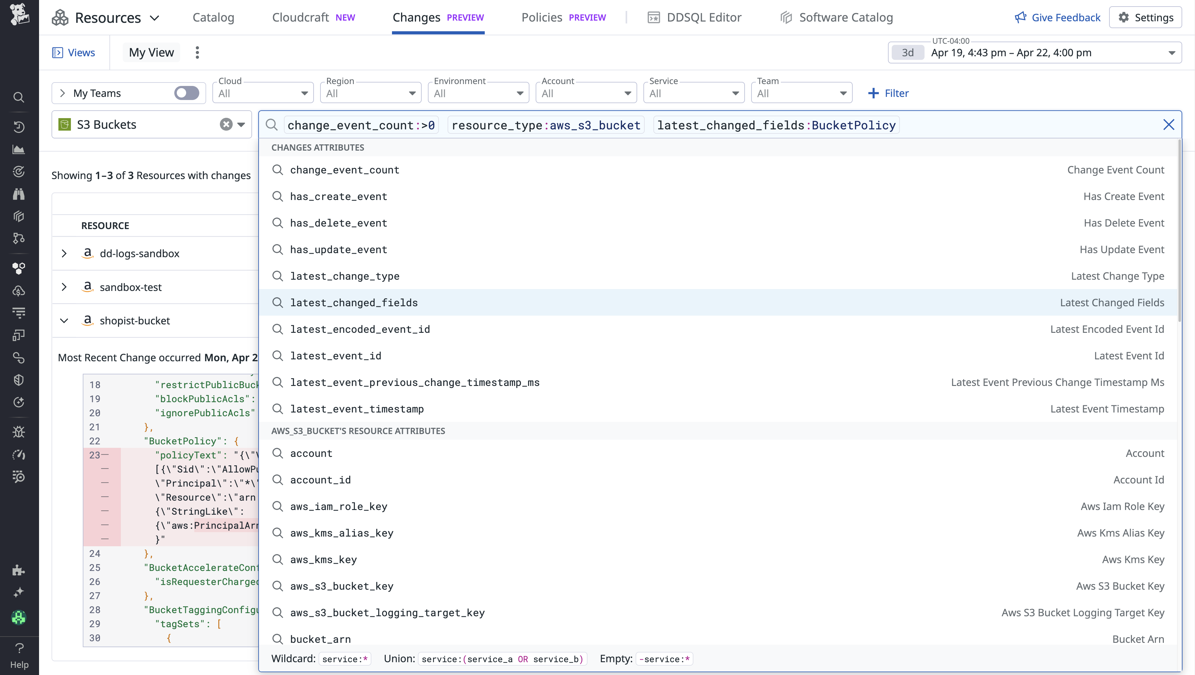 Search functionality within the Changes tab.