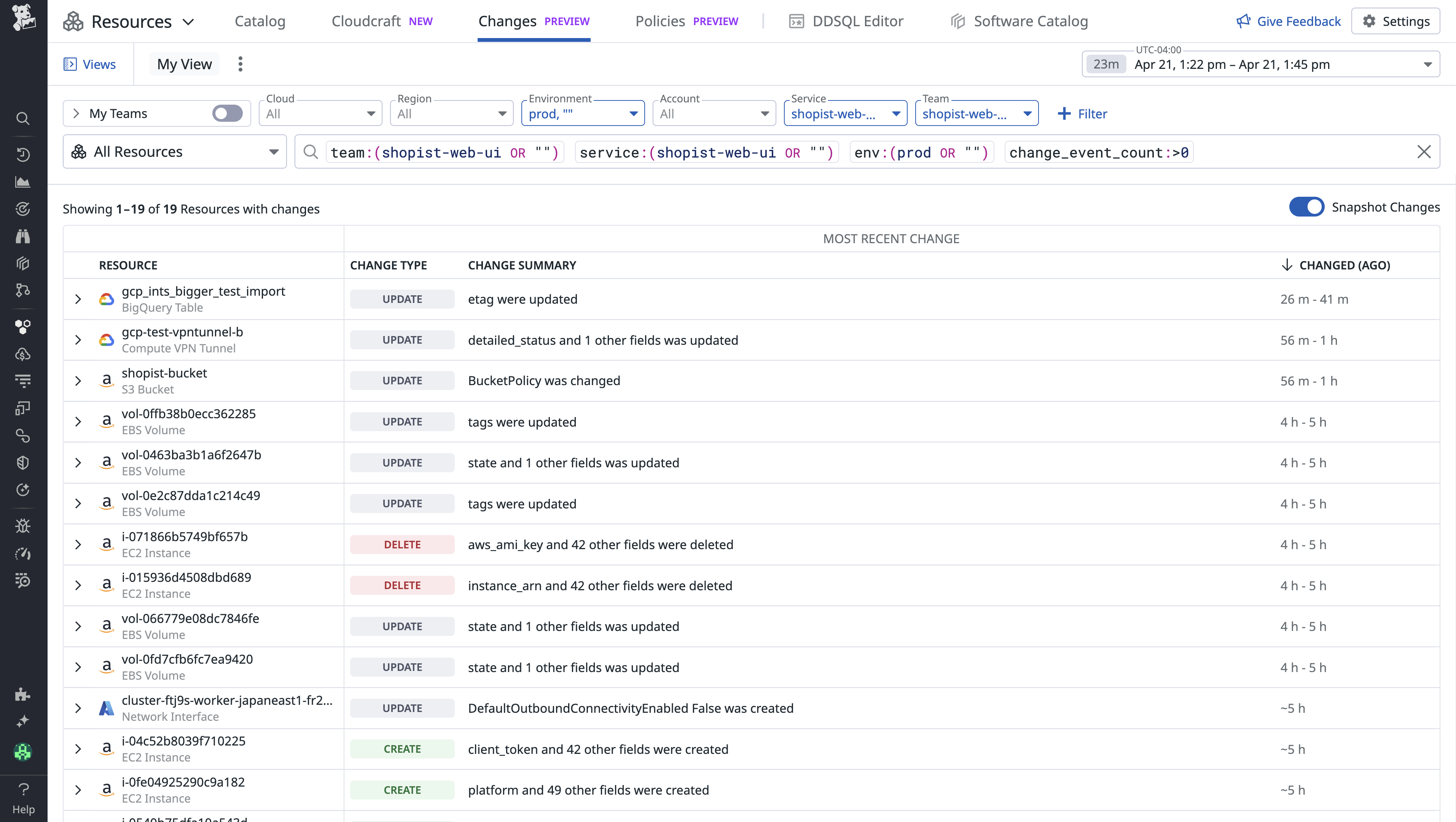 A list of changes for the shopist-web-ui service across AWS, Google Cloud, and Azure resources.