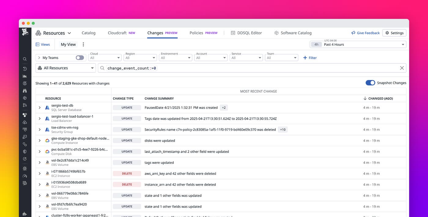 Resolve incidents faster by unifying cloud infrastructure changes with Datadog Snapshot Changes Resolve incidents faster by unifying cloud infrastructure changes with Datadog Snapshot Changes