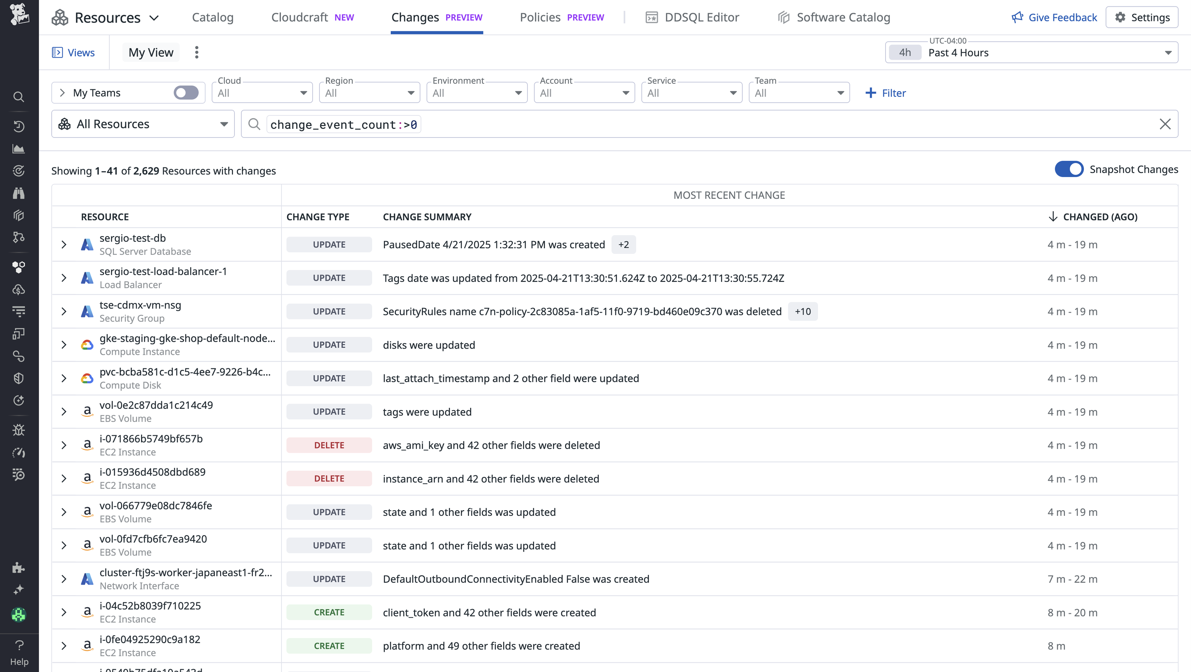 List of changed resources from AWS, Google Cloud, and Azure environments.