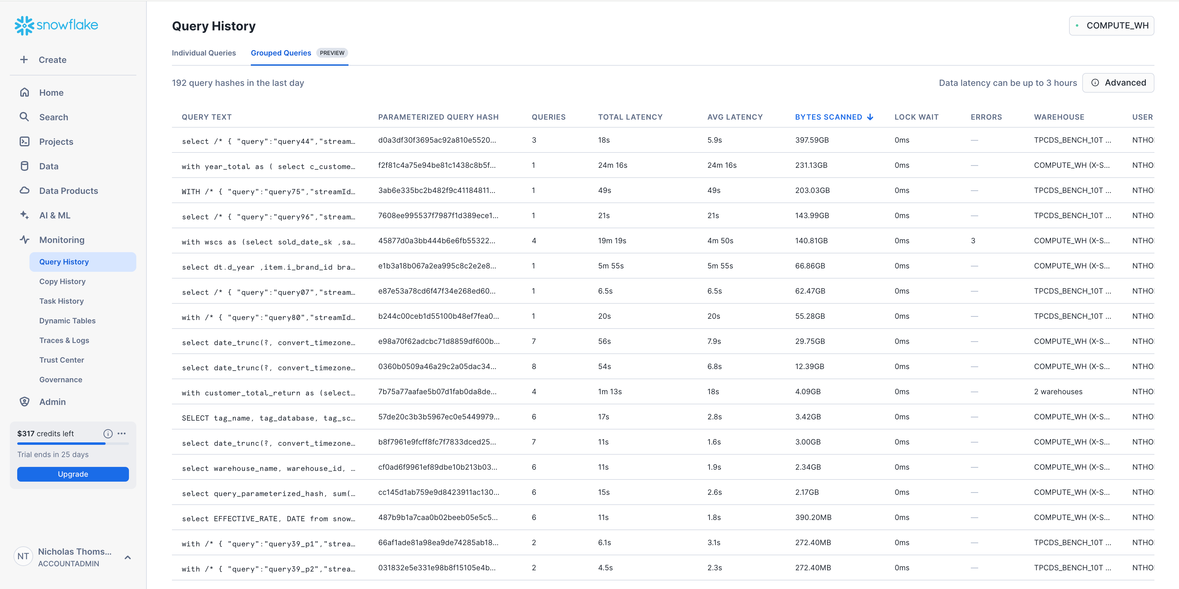 Snowsight provides visibility into grouped queries.