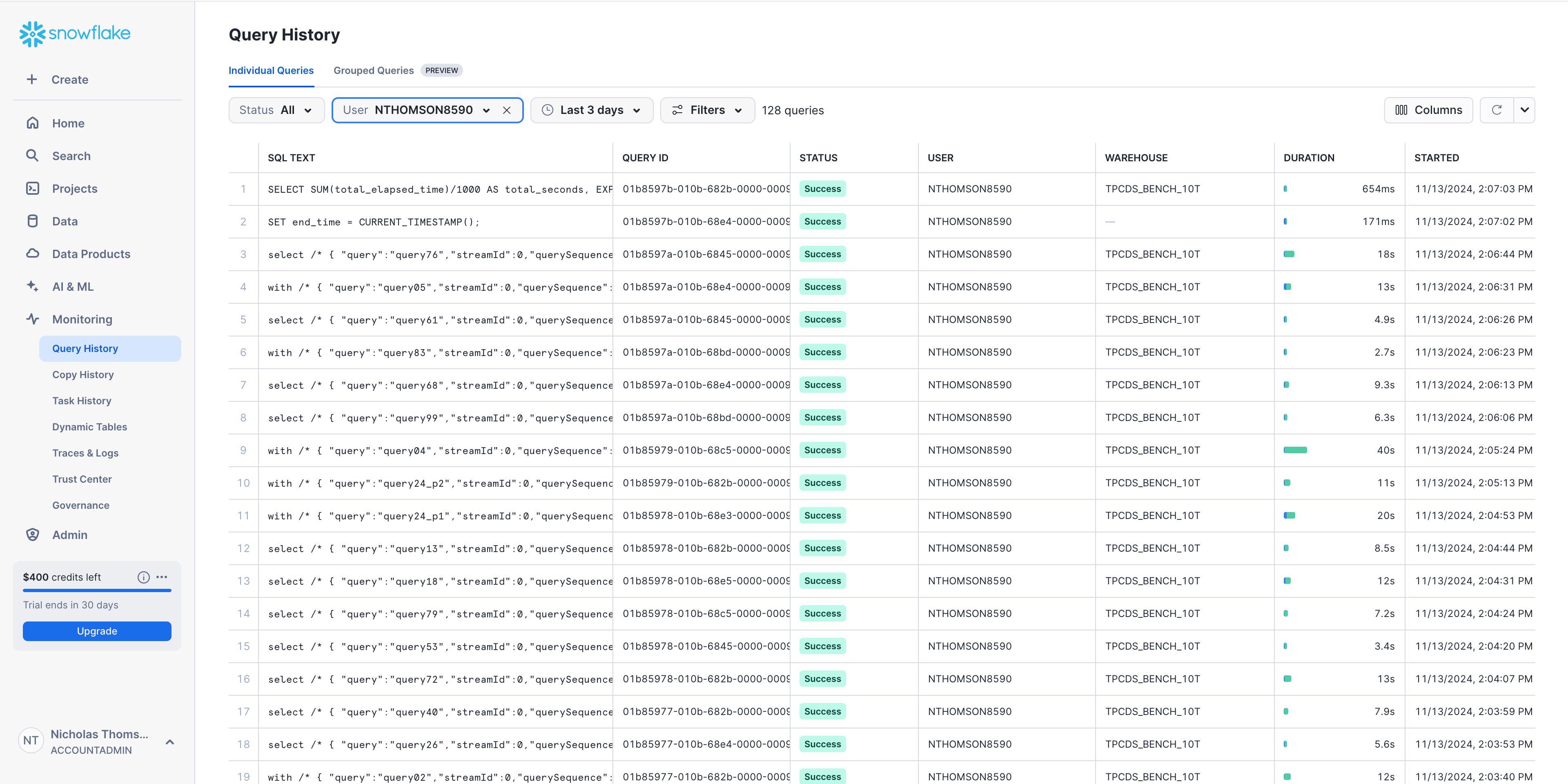 Snowsight provides visibility into individual queries. Snowsight provides visibility into individual queries.