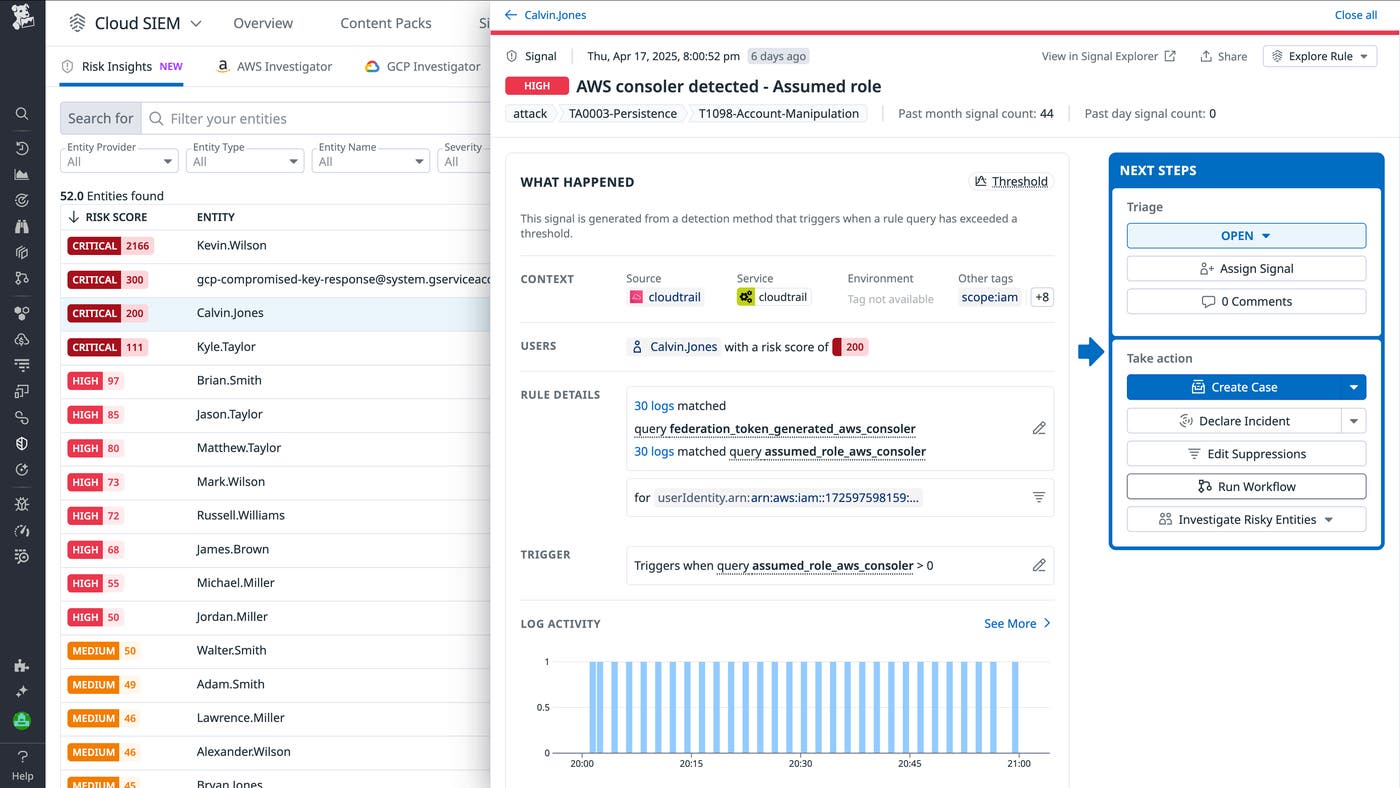 A screenshot of a security signal detail view that shows that a SOAR workflow can be launched by simply clicking a button from that screen. A screenshot of a security signal detail view that shows that a SOAR workflow can be launched by simply clicking a button from that screen.
