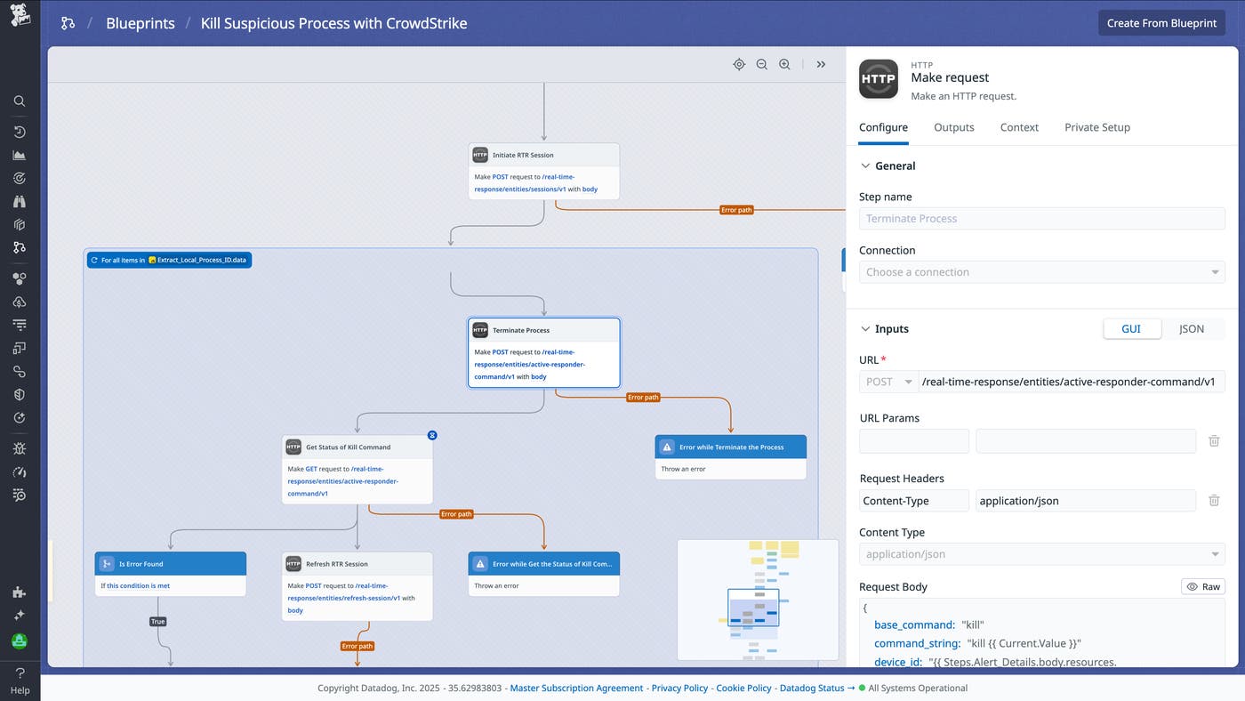 The SOAR workflow blueprint for automatically killing suspicious processes with CrowdStrike. The SOAR workflow blueprint for automatically killing suspicious processes with CrowdStrike.