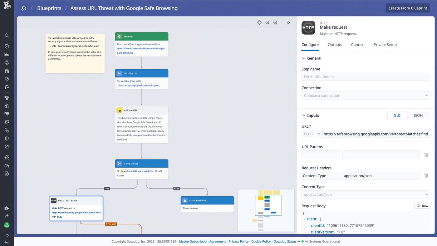 The blueprint for the SOAR workflow that assess URLs using Google Safe Browsing. The blueprint for the SOAR workflow that assess URLs using Google Safe Browsing.