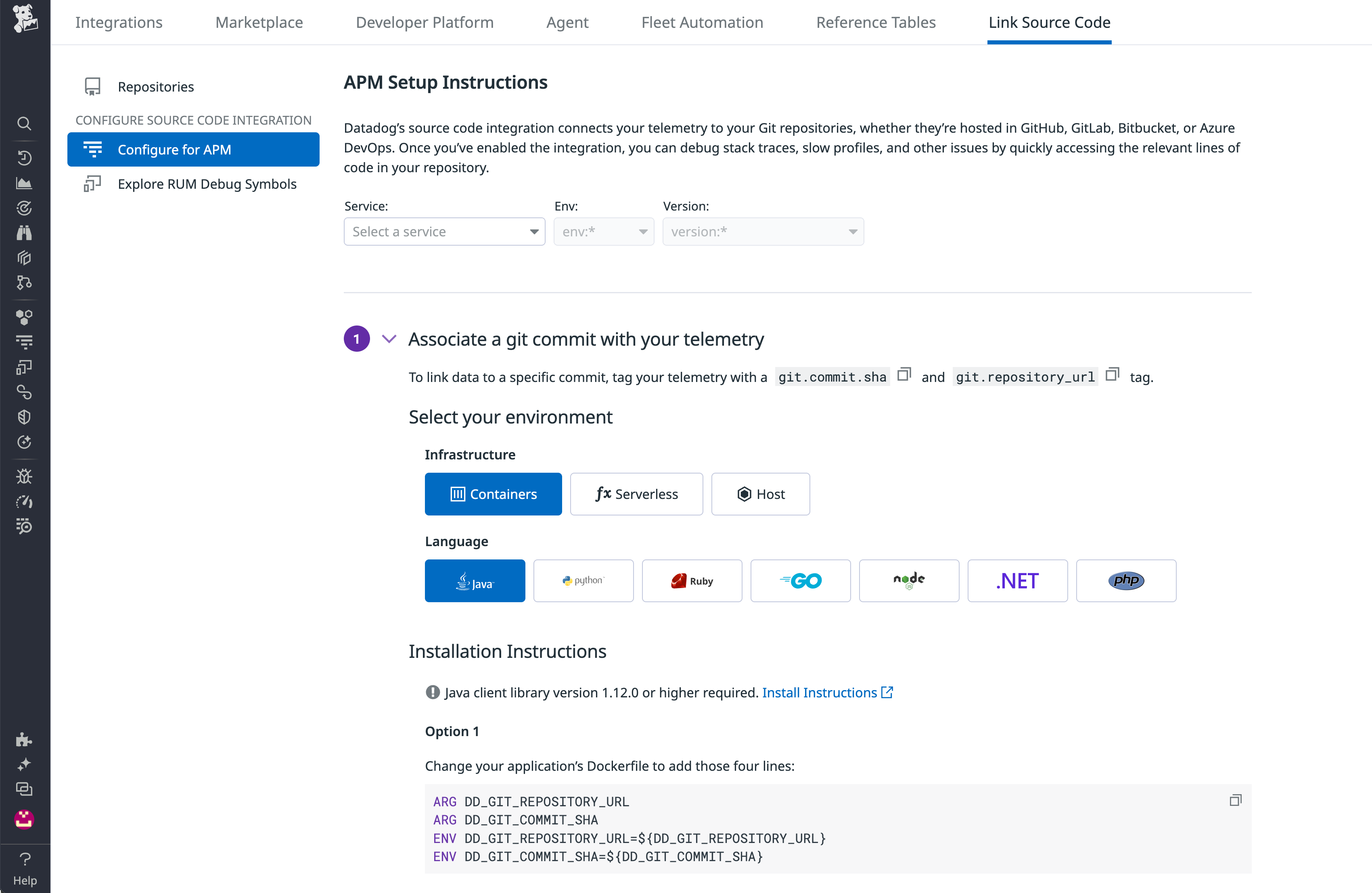 On the APM configuration page, you can link source code in your GitHub repositories to automatically create Software Catalog entries.
