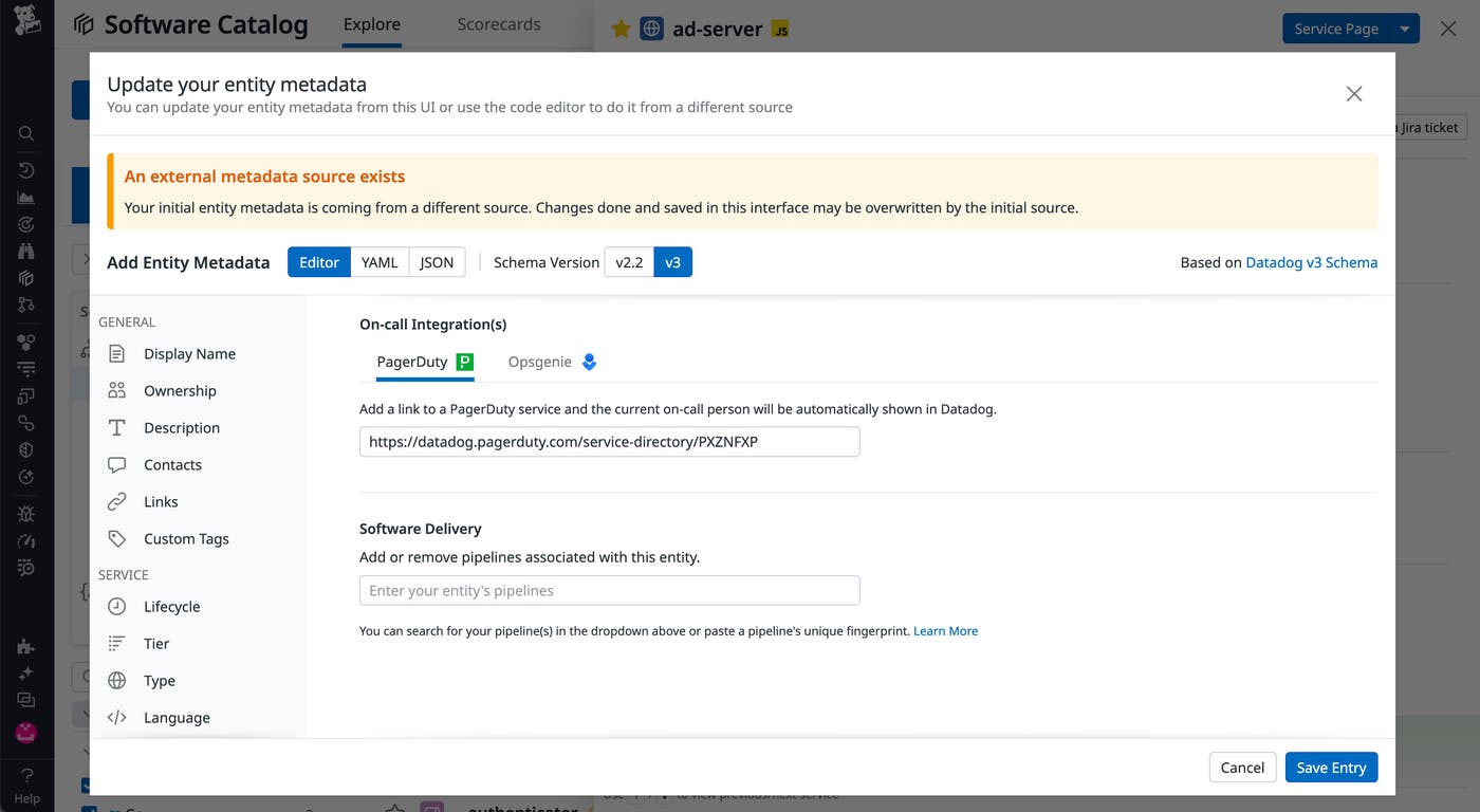 The built-in metadata editor contains fields for team, description, contact information, and on-call integrations. The built-in metadata editor contains fields for team, description, contact information, and on-call integrations.