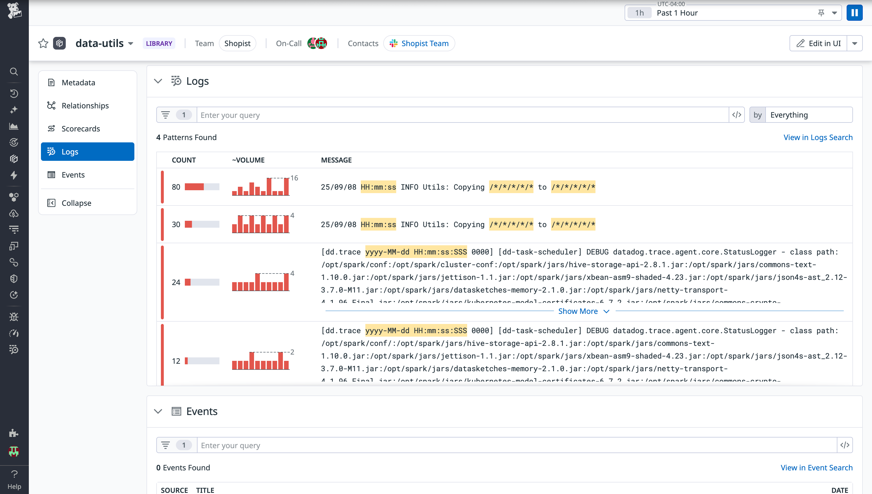 Logs for a particular custom entity, that can be used to troubleshoot and confirm errors.