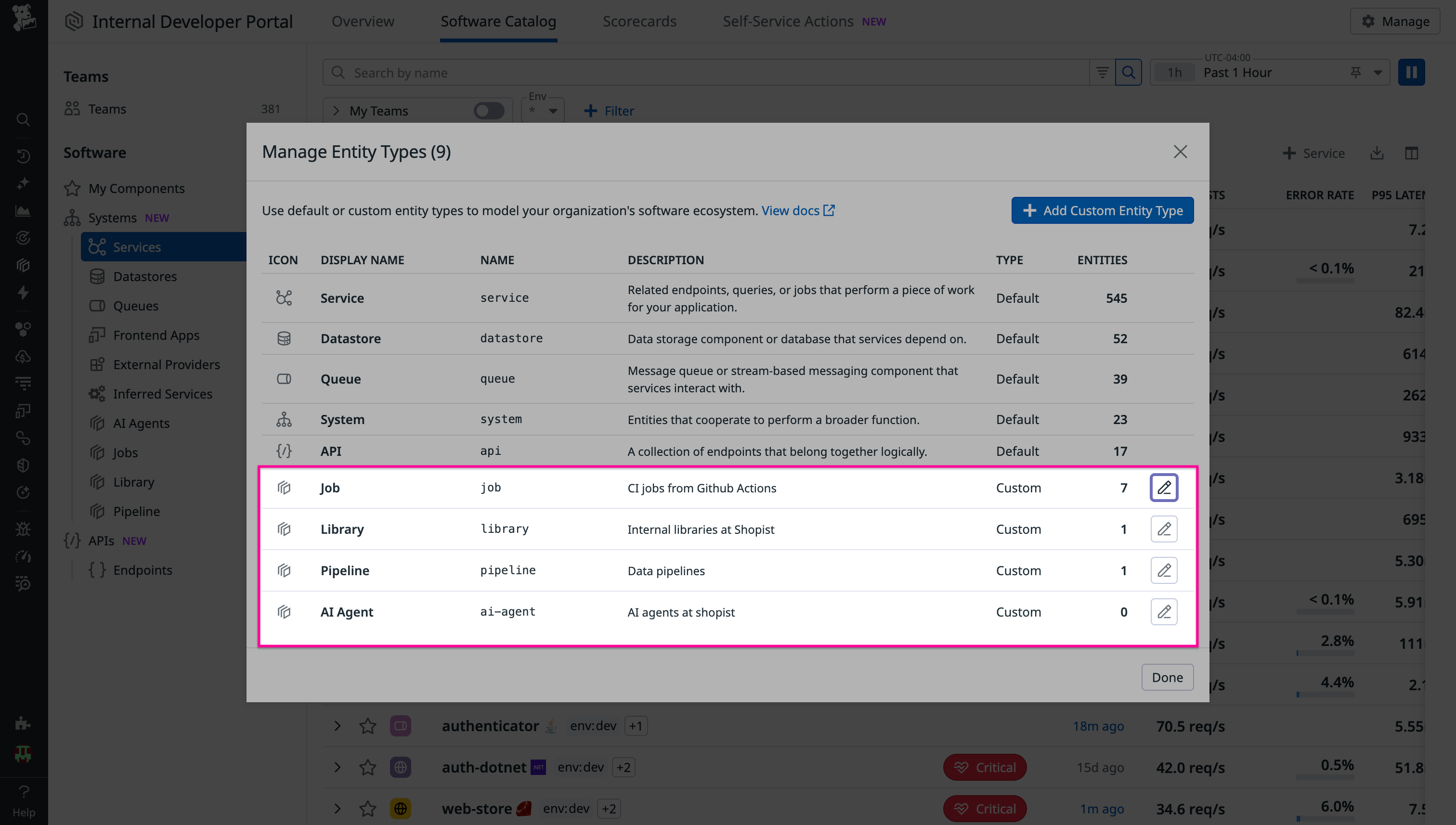 A list for managing new entities, including custom entities.