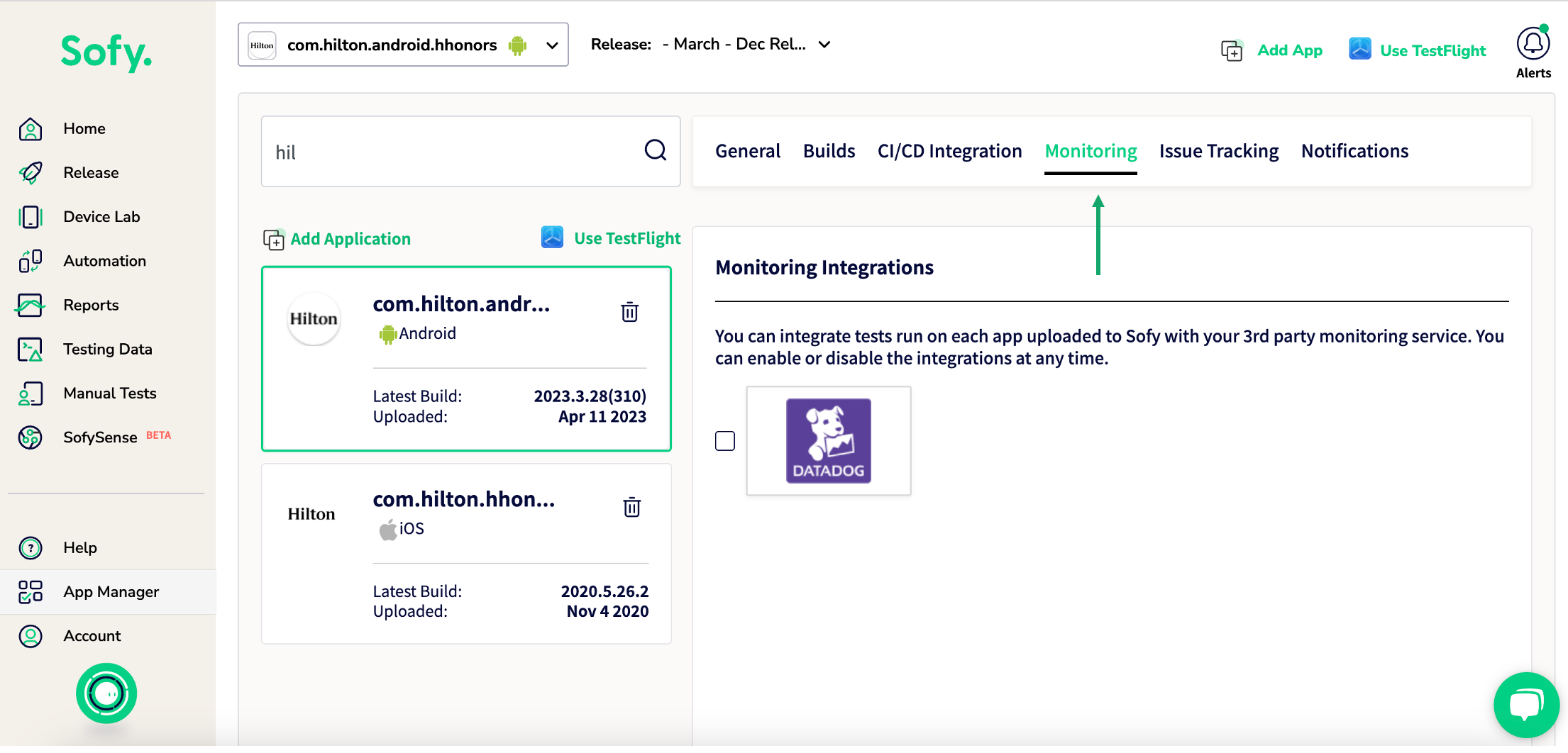 Configure Sofy to send testing data to Datadog.
