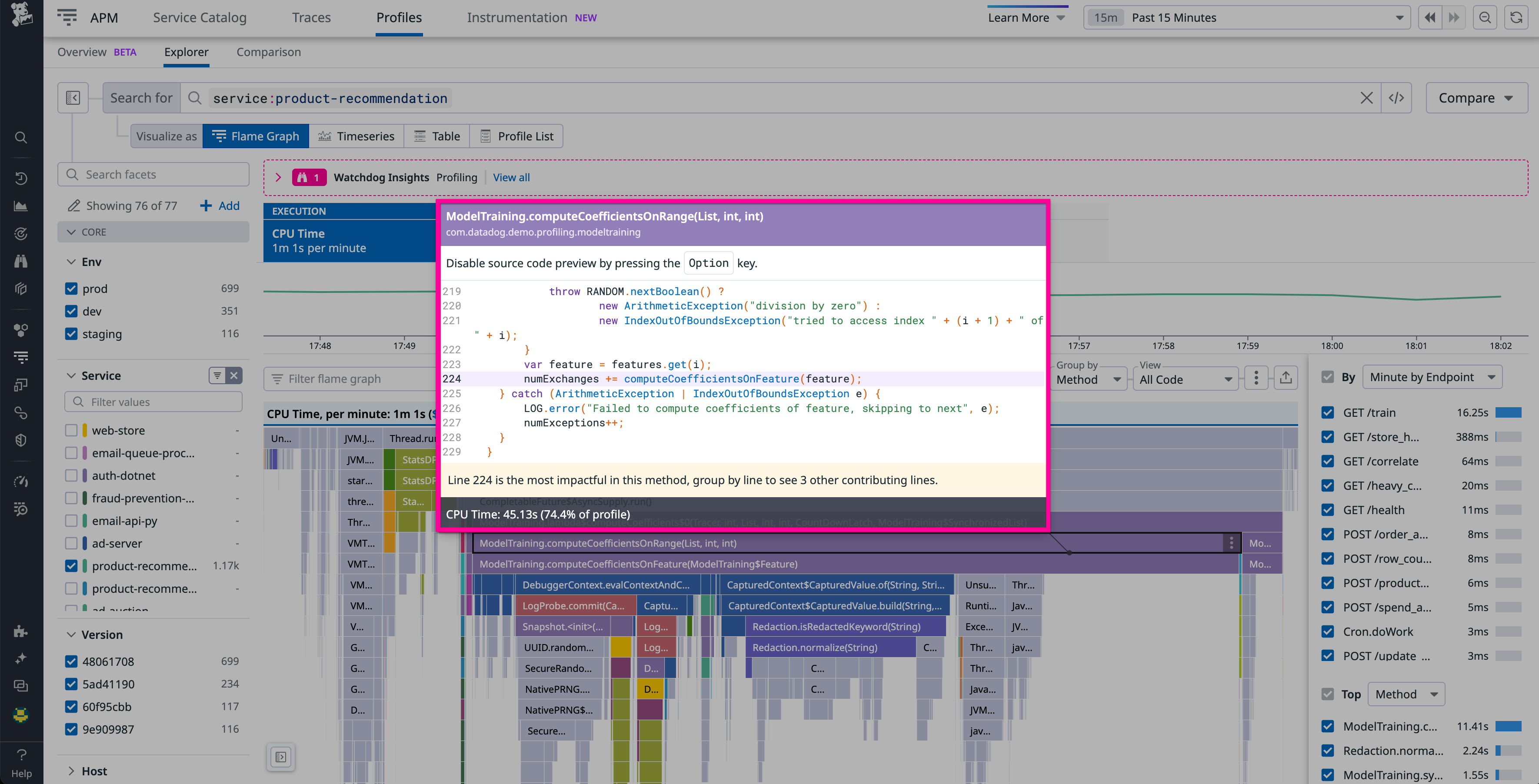 Tooltip displaying snippet of code associated with flamegraph cell