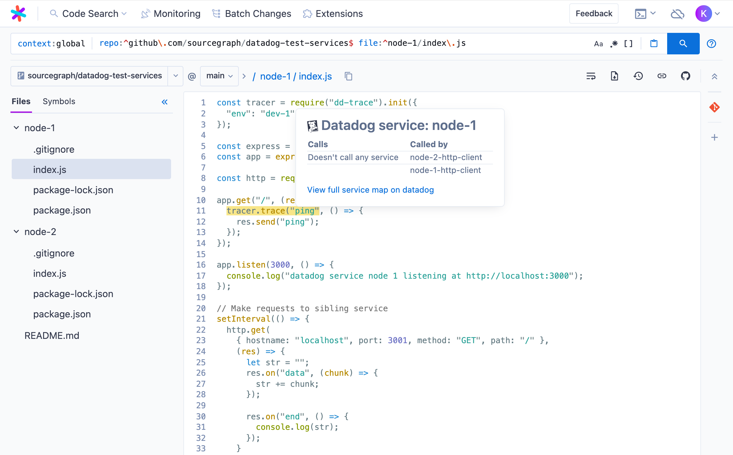 Hover over code to see which services make calls to it as well which ones it makes calls to