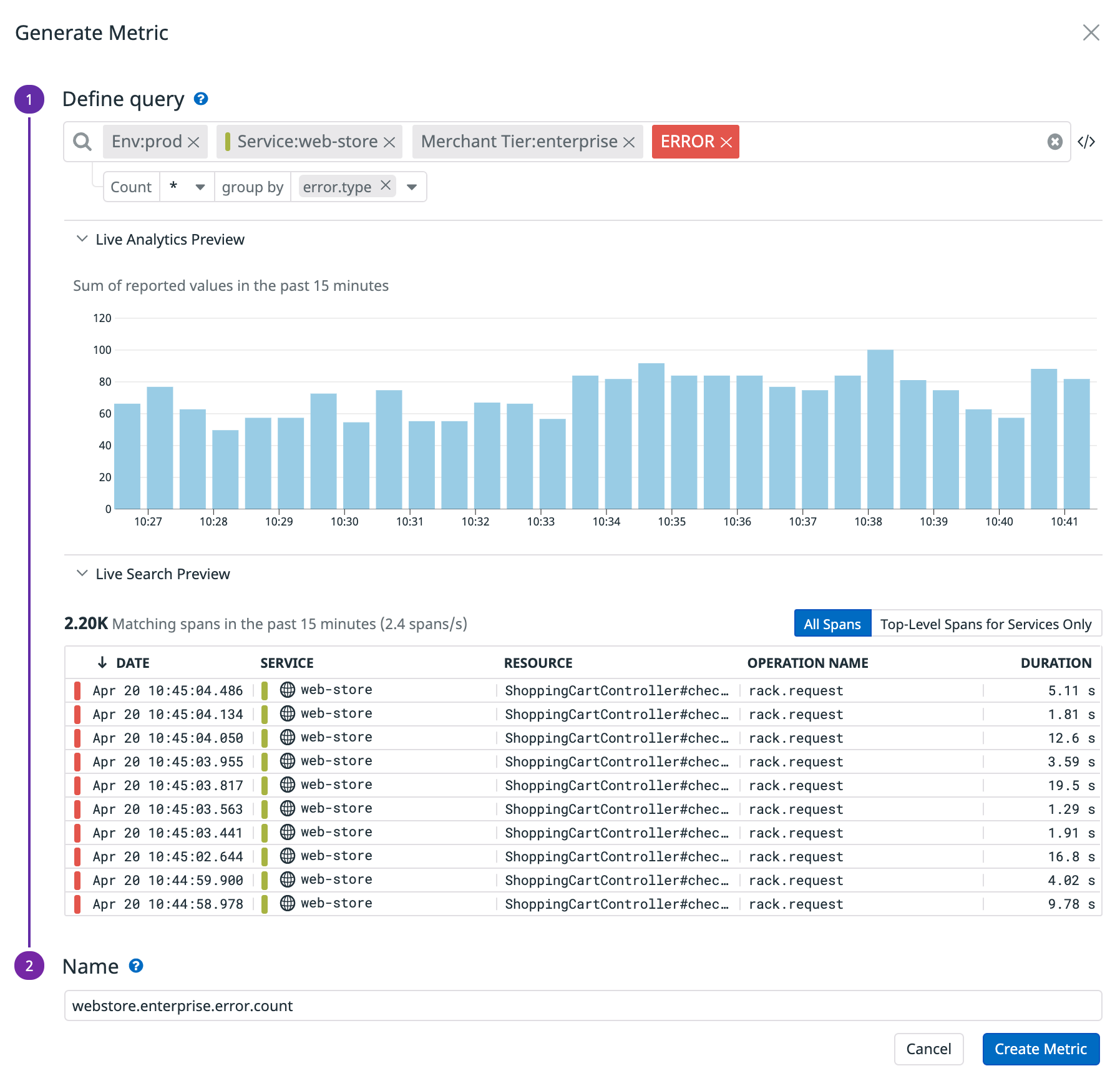 Creating a span-based metric to track the number of errors experienced by our enterprise customers