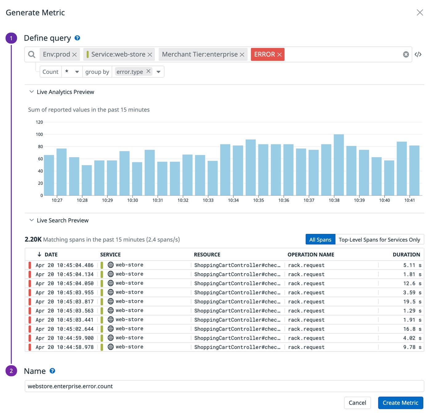 Creating a span-based metric to track the number of errors experienced by our enterprise customers Creating a span-based metric to track the number of errors experienced by our enterprise customers
