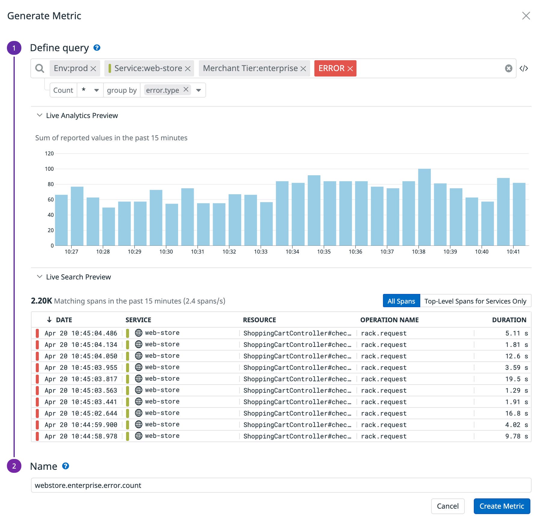 Creating a span-based metric to track the number of errors experienced by our enterprise customers Creating a span-based metric to track the number of errors experienced by our enterprise customers