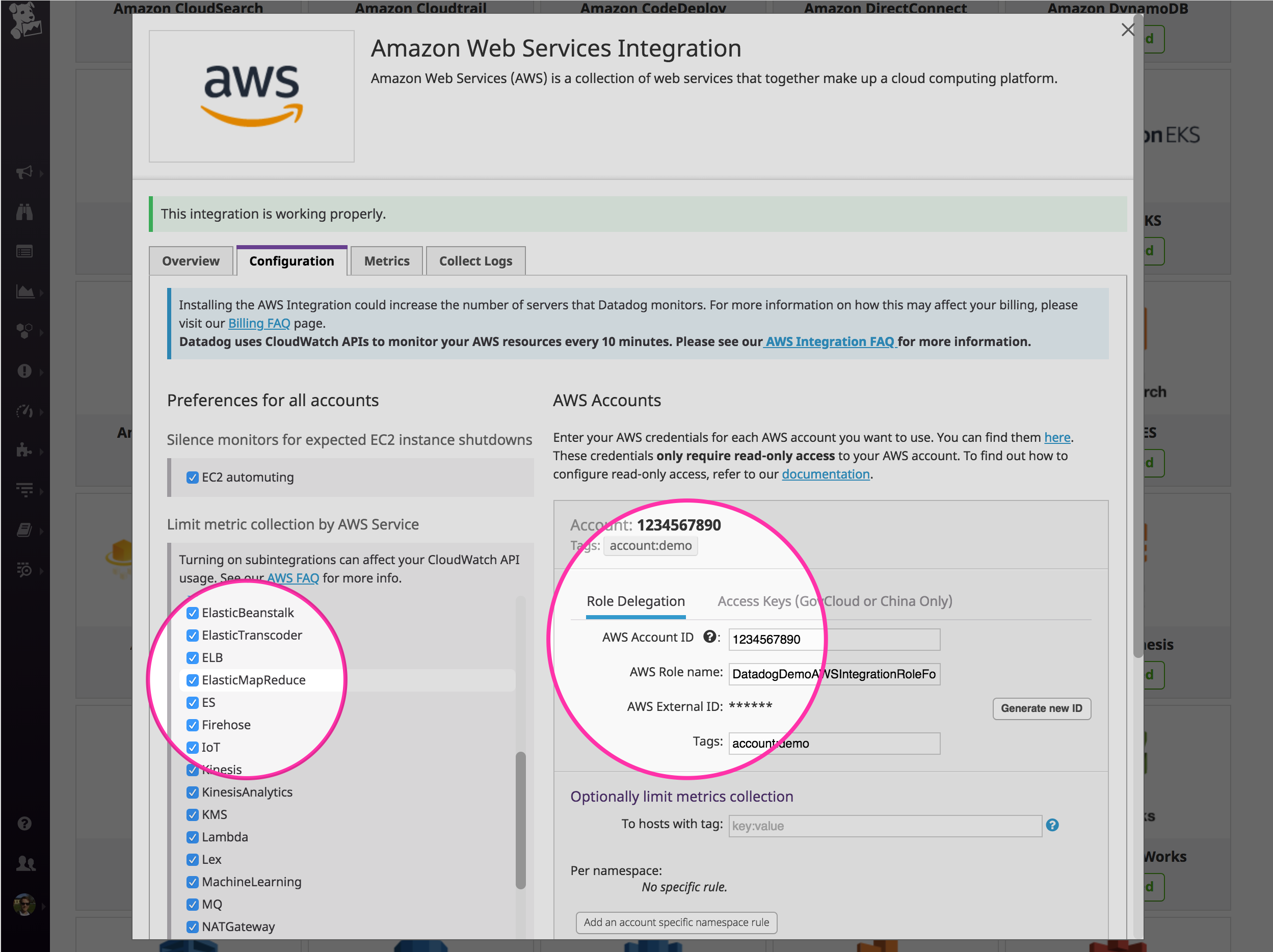 Configuring the AWS integration in Datadog to enable the collection of EMR metrics