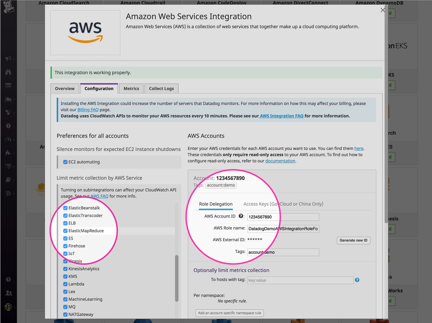 Configuring the AWS integration in Datadog to enable the collection of EMR metrics Configuring the AWS integration in Datadog to enable the collection of EMR metrics