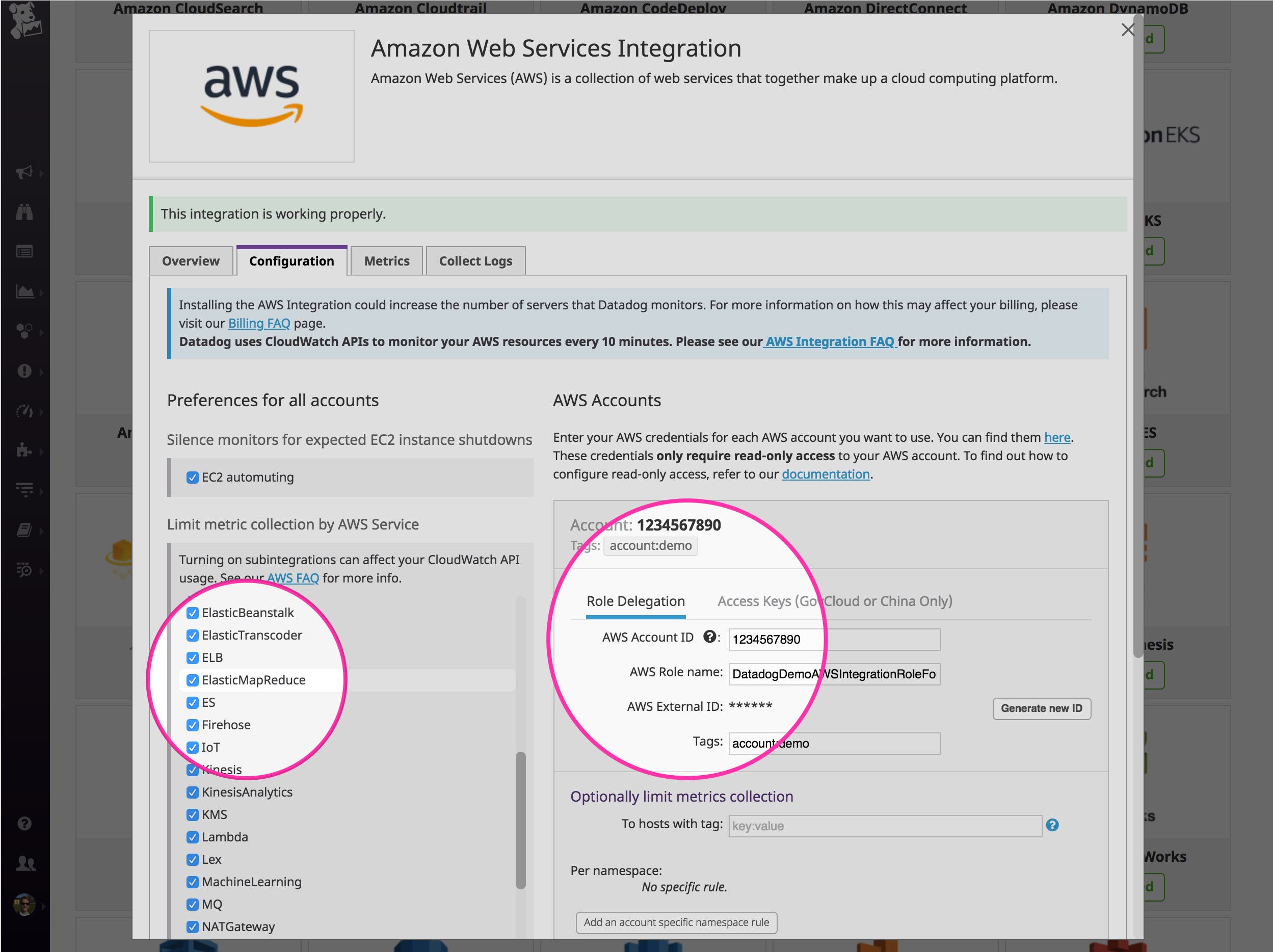 Configuring the AWS integration in Datadog to enable the collection of EMR metrics Configuring the AWS integration in Datadog to enable the collection of EMR metrics