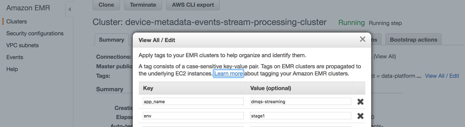 Applying tags to data from an EMR cluster using the AWS console Applying tags to data from an EMR cluster using the AWS console