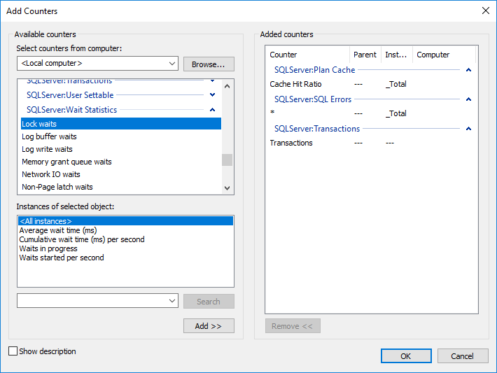 Selecting SQL Server performance counters to display in Performance Monitor