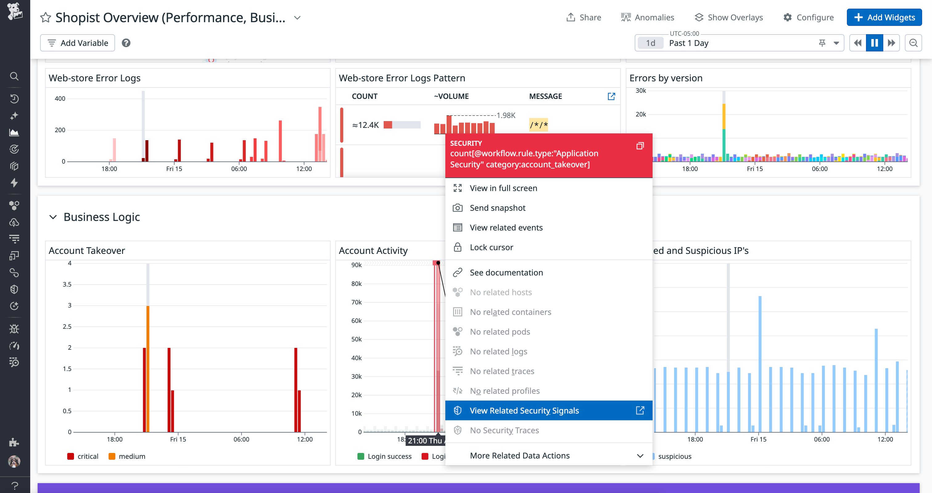 Pivot to a security signal from performance dashboard.