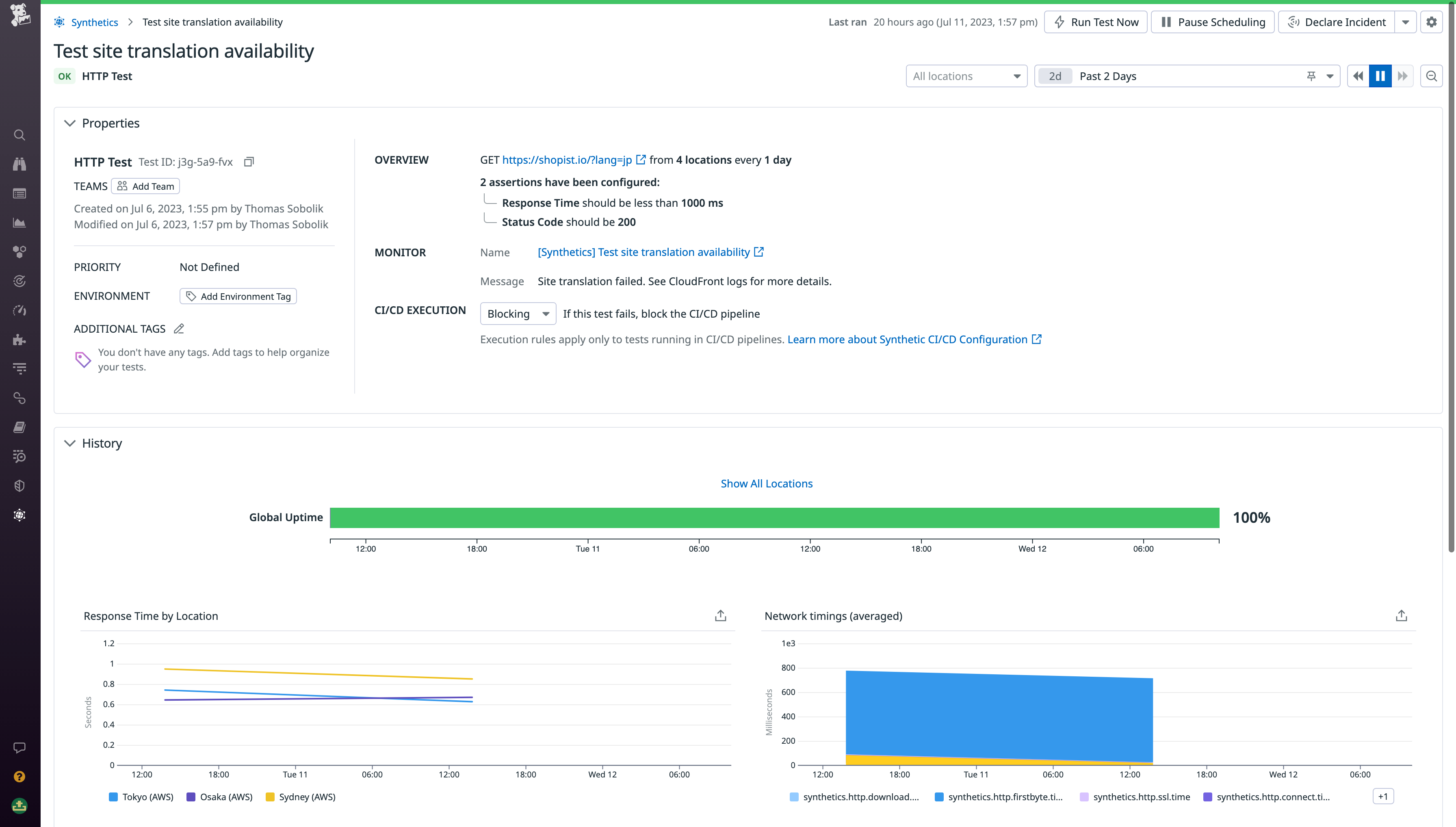 Using an HTTP test to check the availability and health of a CDN edge function endpoint