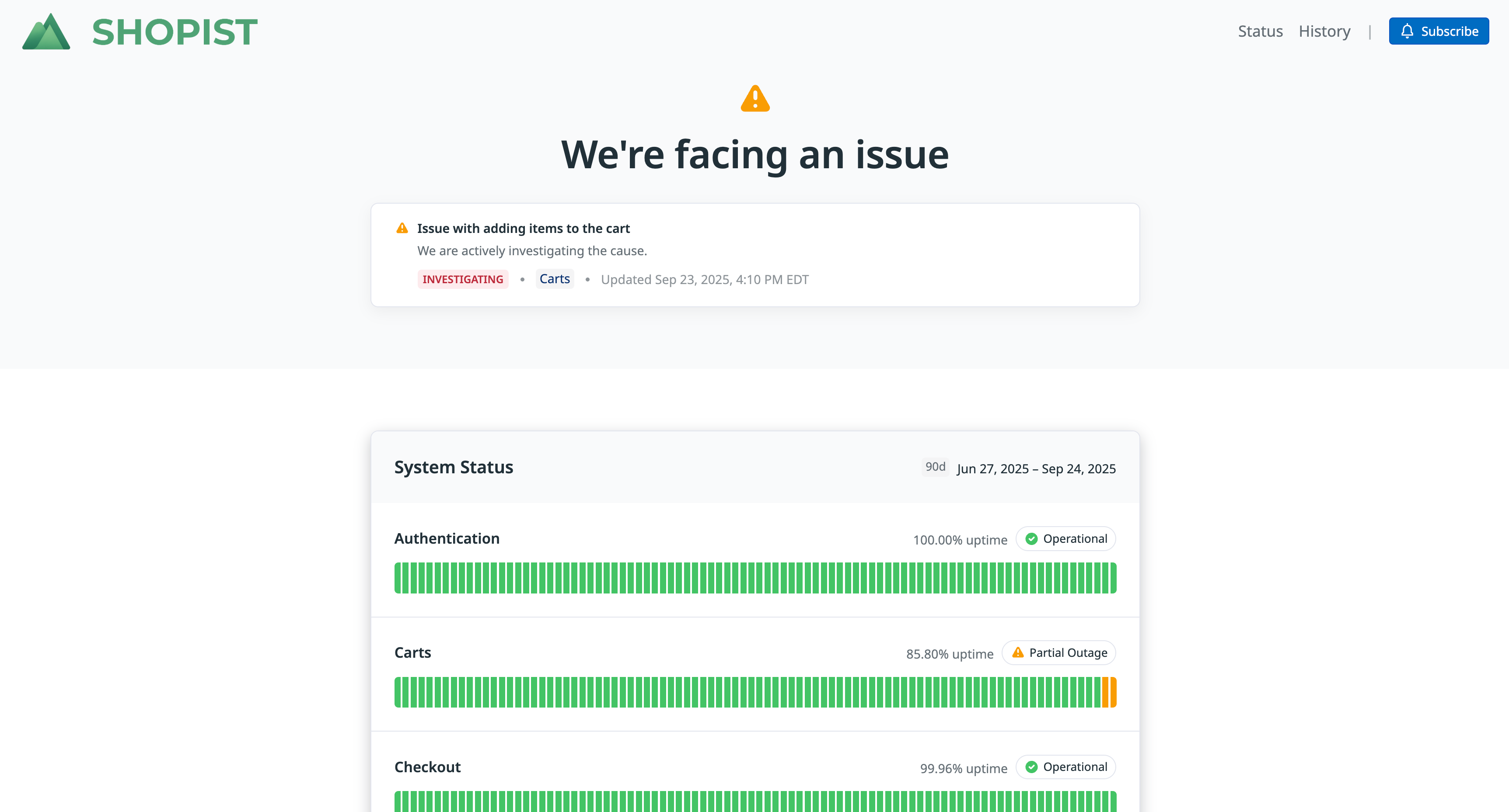 A status page for a shopping website. The status page indicates that customers are having a problem adding items to their cart and that the company is investigating the issue.