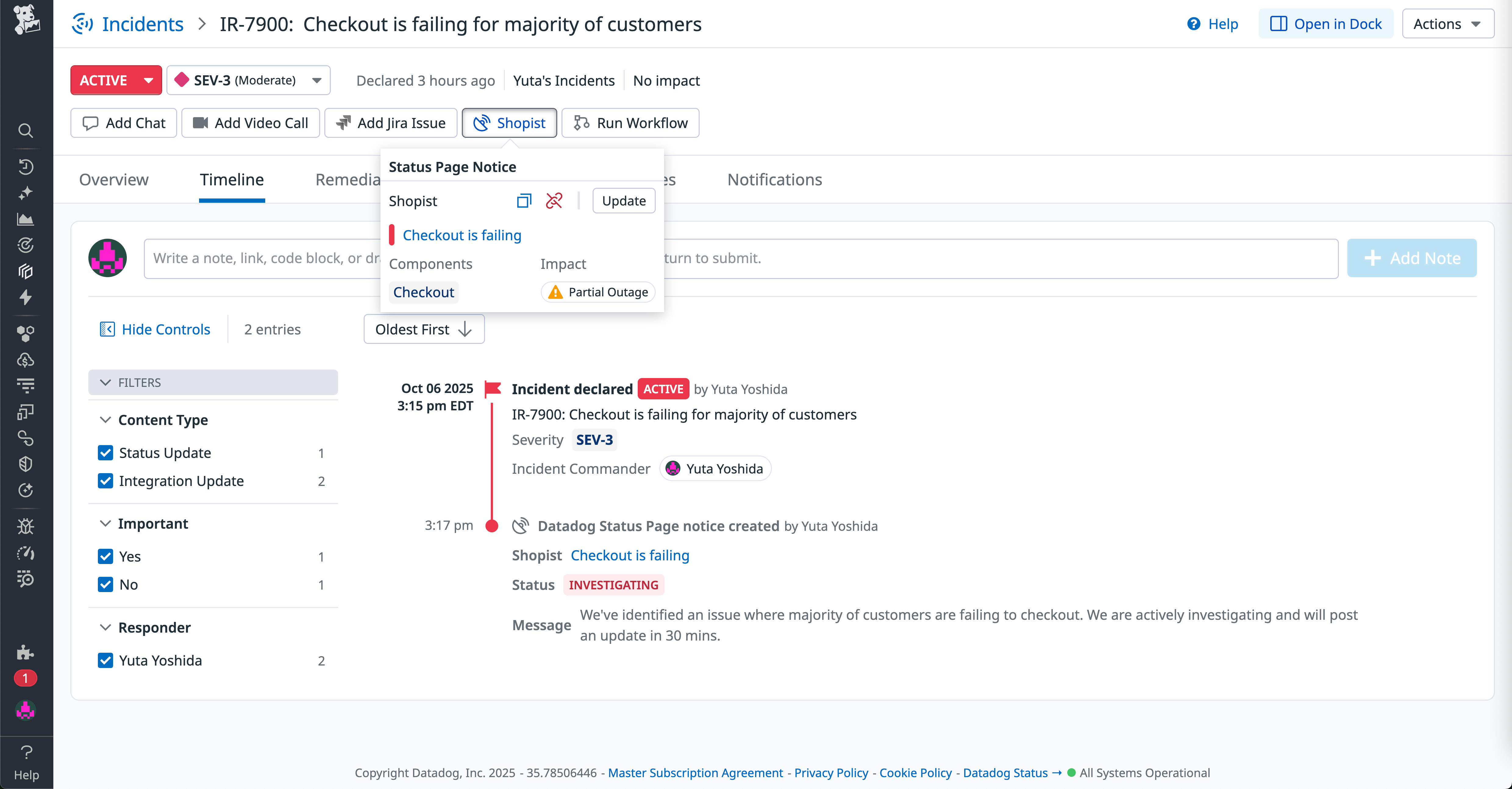 Screenshot of an incident timeline about failing checkouts for a shopping website. The timeline displays the time that the incident was declared and shows that the company is investigating the issue.