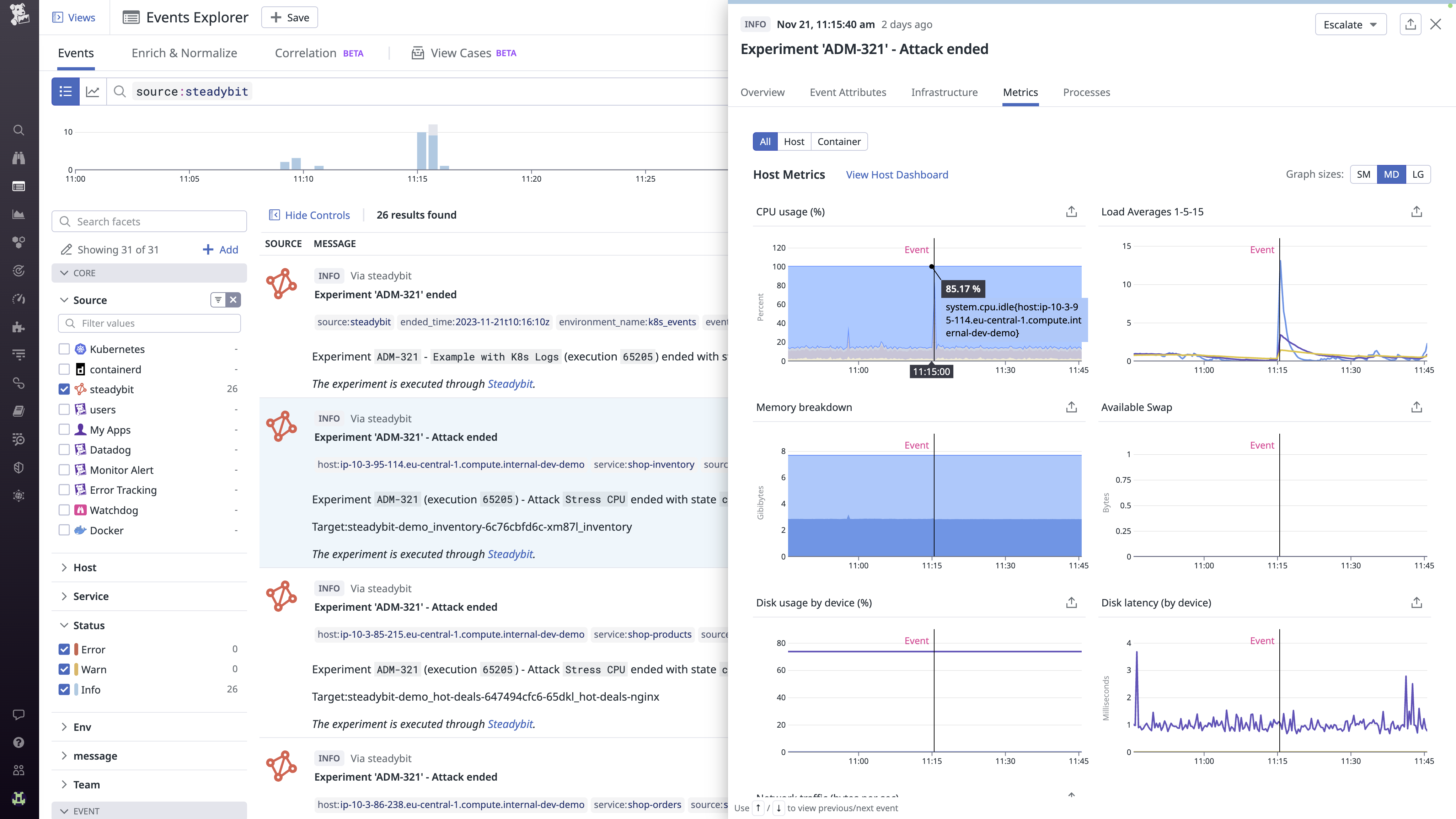 View of Datadog Events Explorer showing Steadybit experiment activity