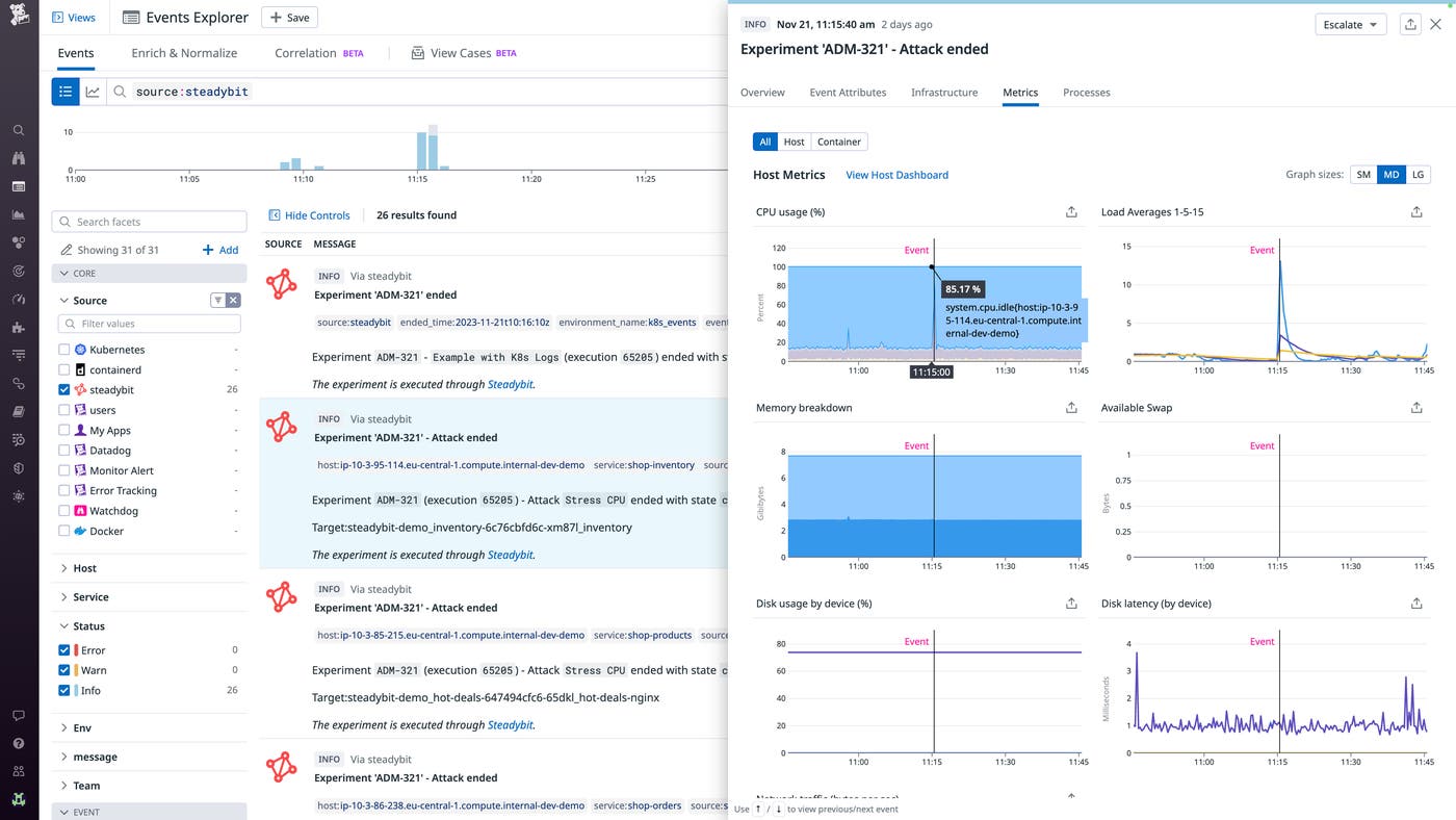 View of Datadog Events Explorer showing Steadybit experiment activity View of Datadog Events Explorer showing Steadybit experiment activity