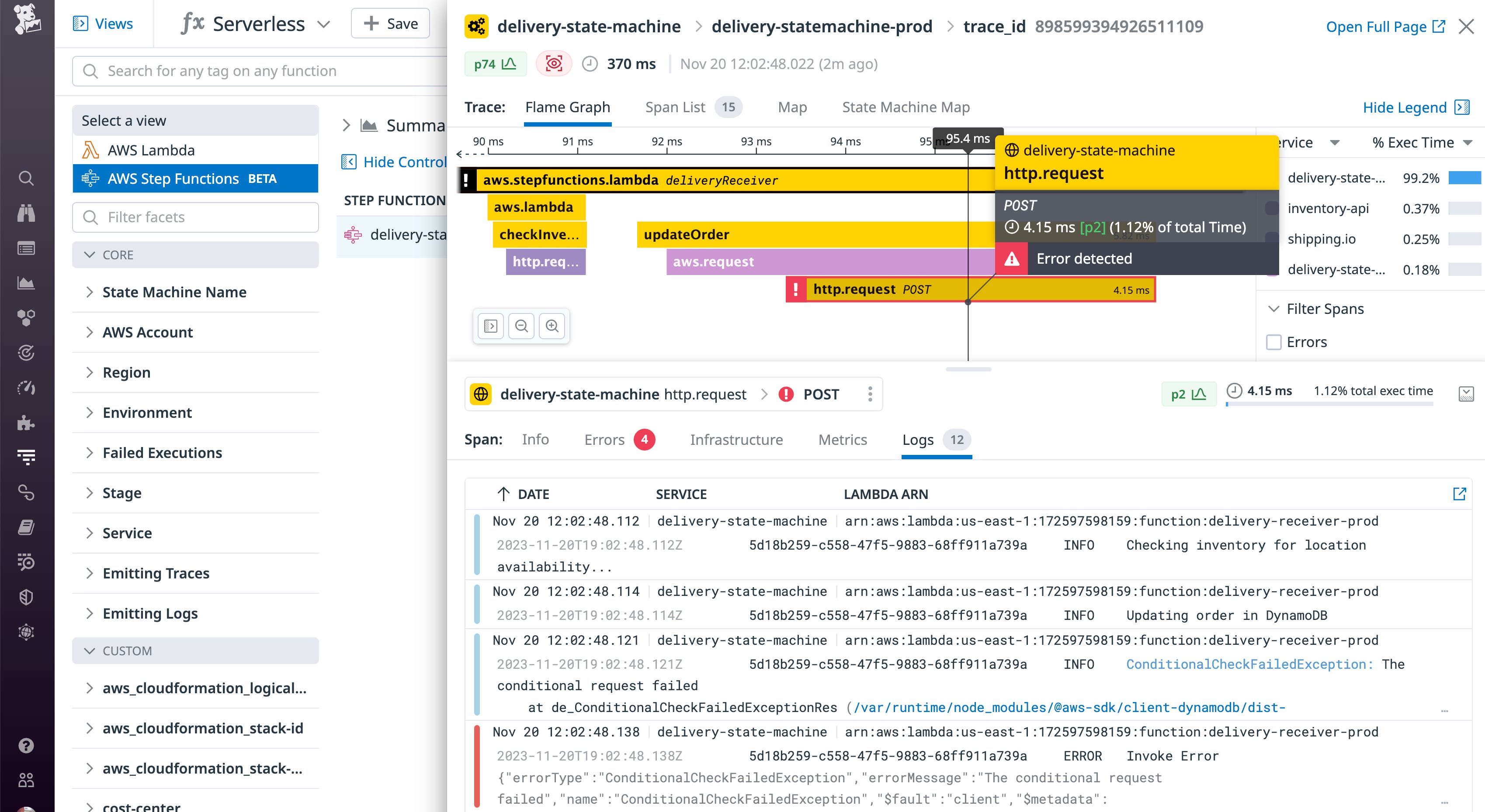 A flame graph shows the sequence of request and latency in their responses. Below, logs from a service that made an HTTP request describe the error. A flame graph shows the sequence of request and latency in their responses. Below, logs from a service that made an HTTP request describe the error.