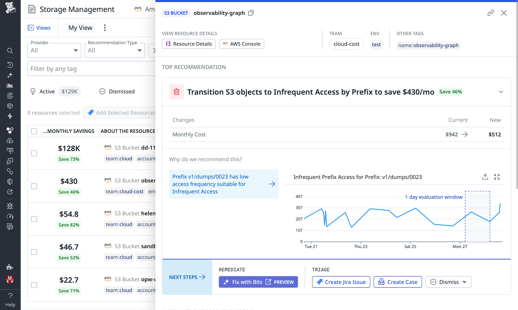 Storage Management provides a recommendation to transition Amazon S3 objects to Infrequent Access by Prefix to save $430/month.