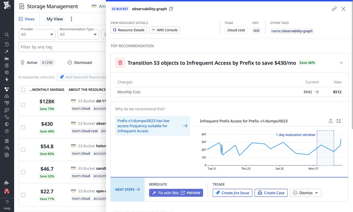 Storage Management provides a recommendation to transition Amazon S3 objects to Infrequent Access by Prefix to save $430/month. Storage Management provides a recommendation to transition Amazon S3 objects to Infrequent Access by Prefix to save $430/month.