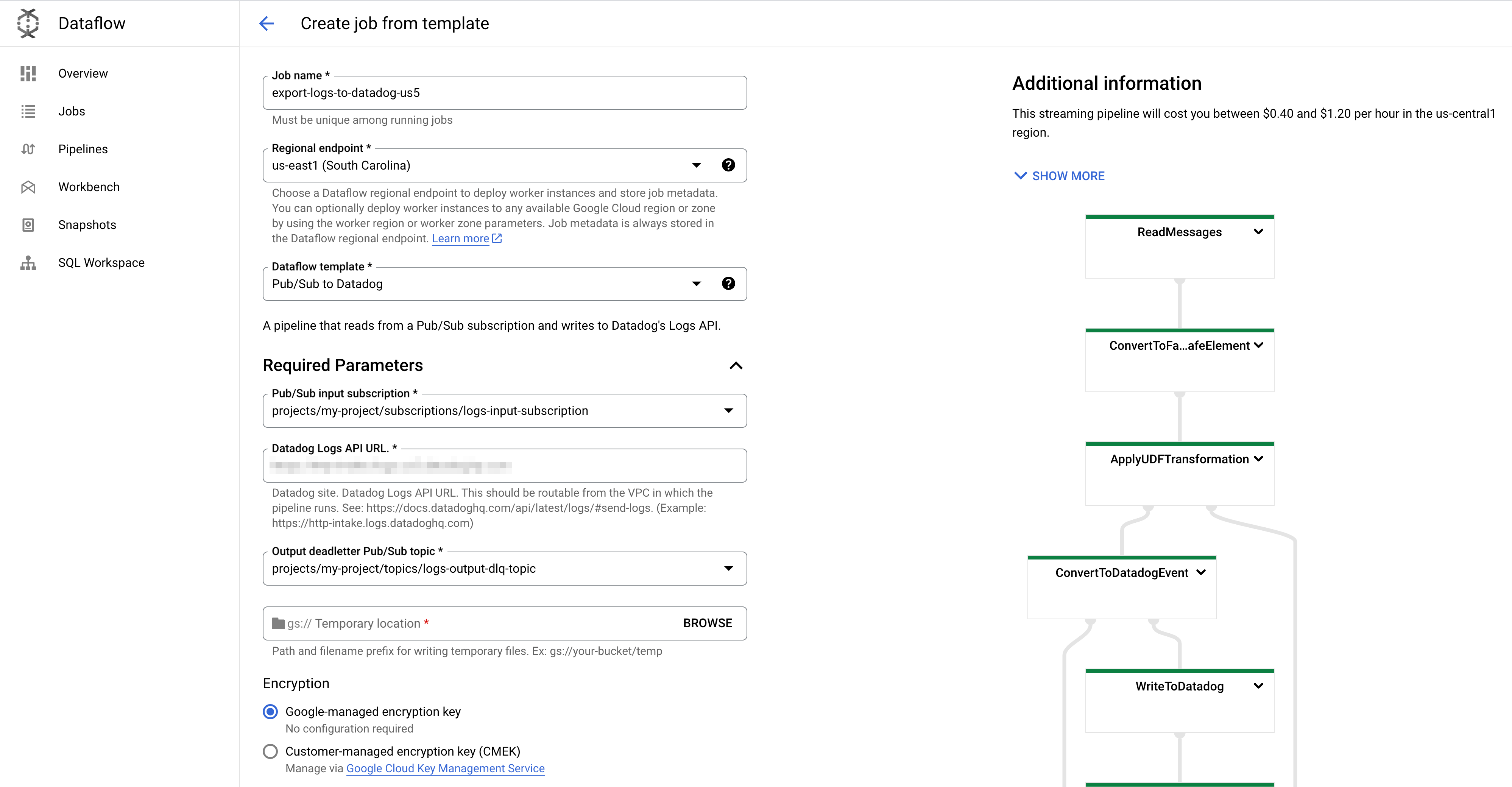 The Pub/Sub-to-Datadog template in Dataflow, including the streaming pipeline diagram displayed alongside.