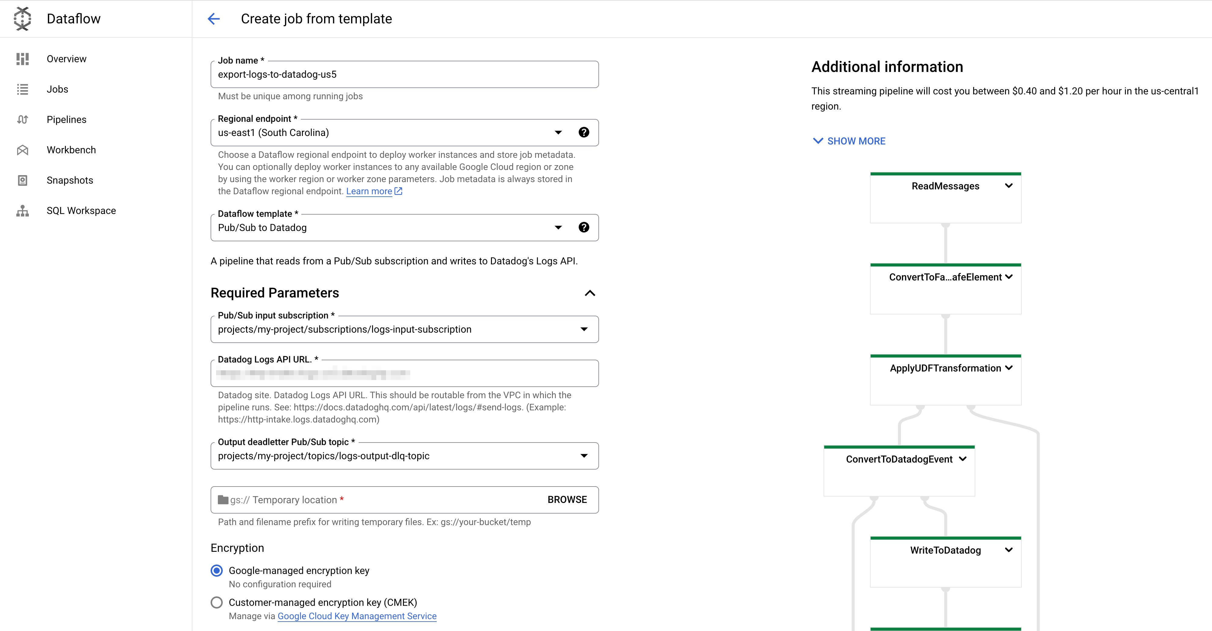 The Pub/Sub-to-Datadog template in Dataflow, including the streaming pipeline diagram displayed alongside. The Pub/Sub-to-Datadog template in Dataflow, including the streaming pipeline diagram displayed alongside.